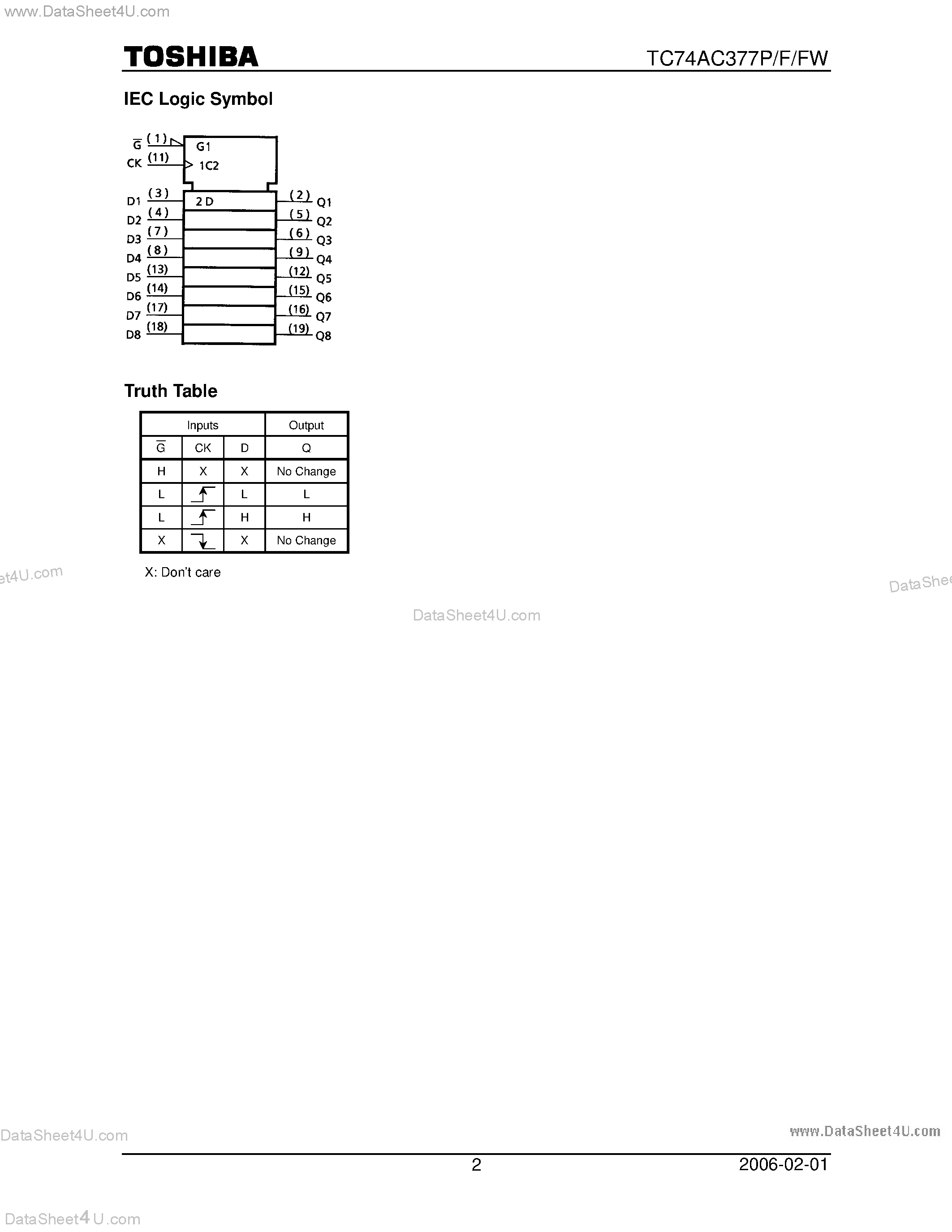 Даташит TC74AC377F - OCTAL D-TYPE FLIP-FLOP страница 2