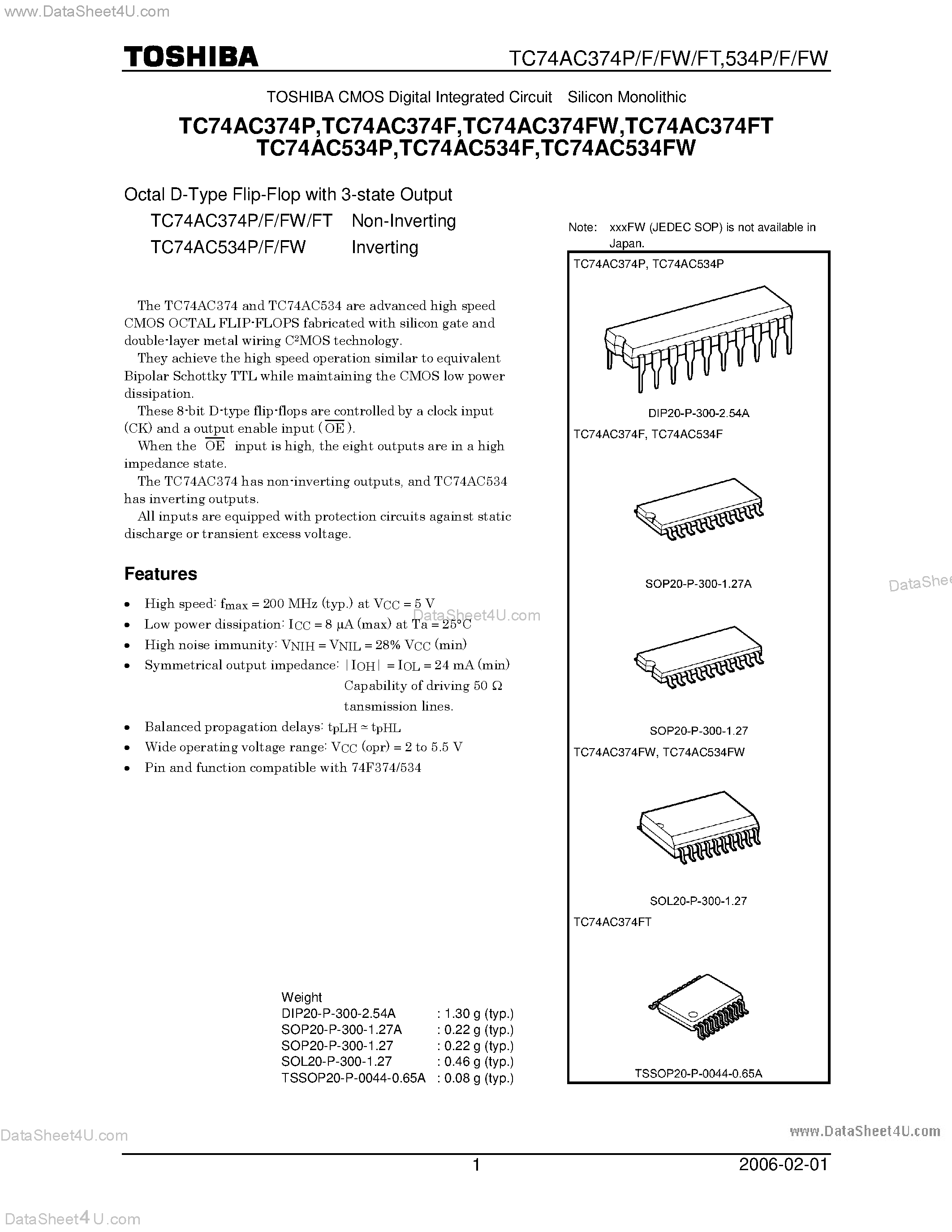 Даташит TC74AC374F - (TC74AC374 / TC74AC534) OCTAL D - TYPE FLIP -FLOP WITH 3 STATE OUTPUT страница 1