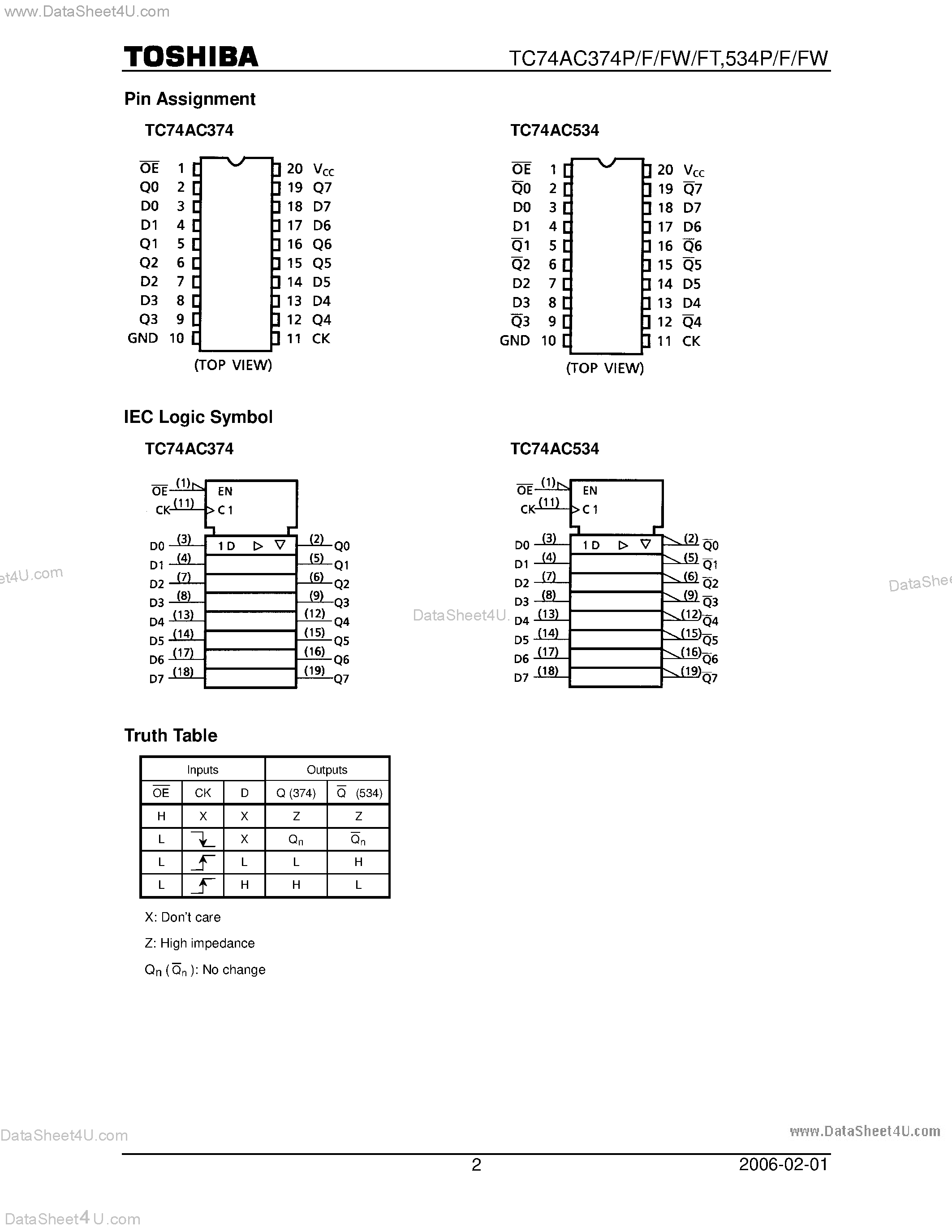Даташит TC74AC374F - (TC74AC374 / TC74AC534) OCTAL D - TYPE FLIP -FLOP WITH 3 STATE OUTPUT страница 2