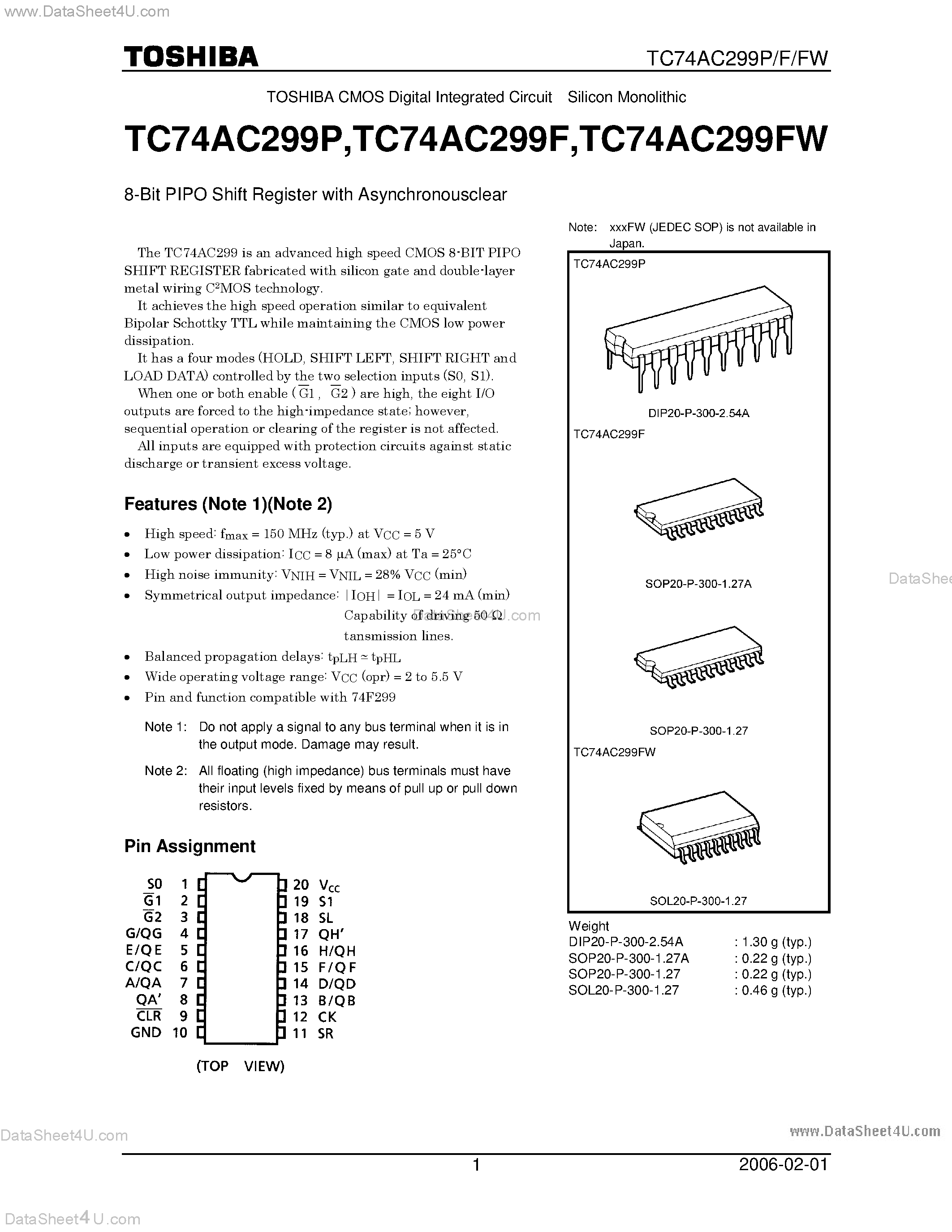 Даташит TC74AC299F - 8-BIT PIPO SHIFT REGISTER WITH ASYNCHRONOUSCLEAR страница 1