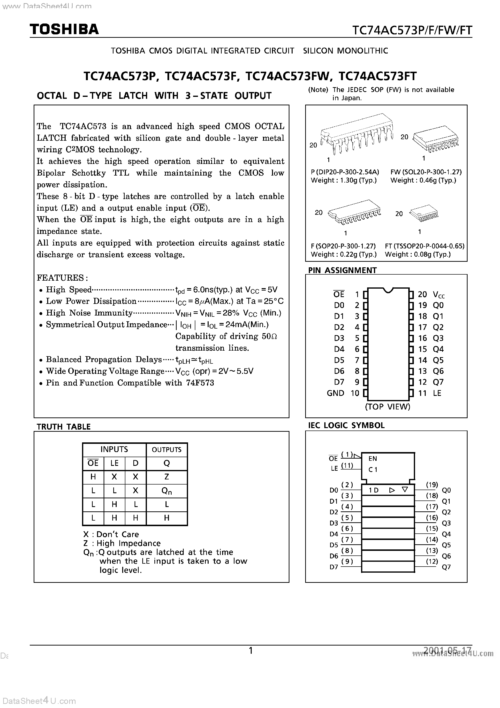 Даташит TC74AC573F - OCTAL D - TYPE LATCH WITH 3 - STATE OUTPUT страница 1