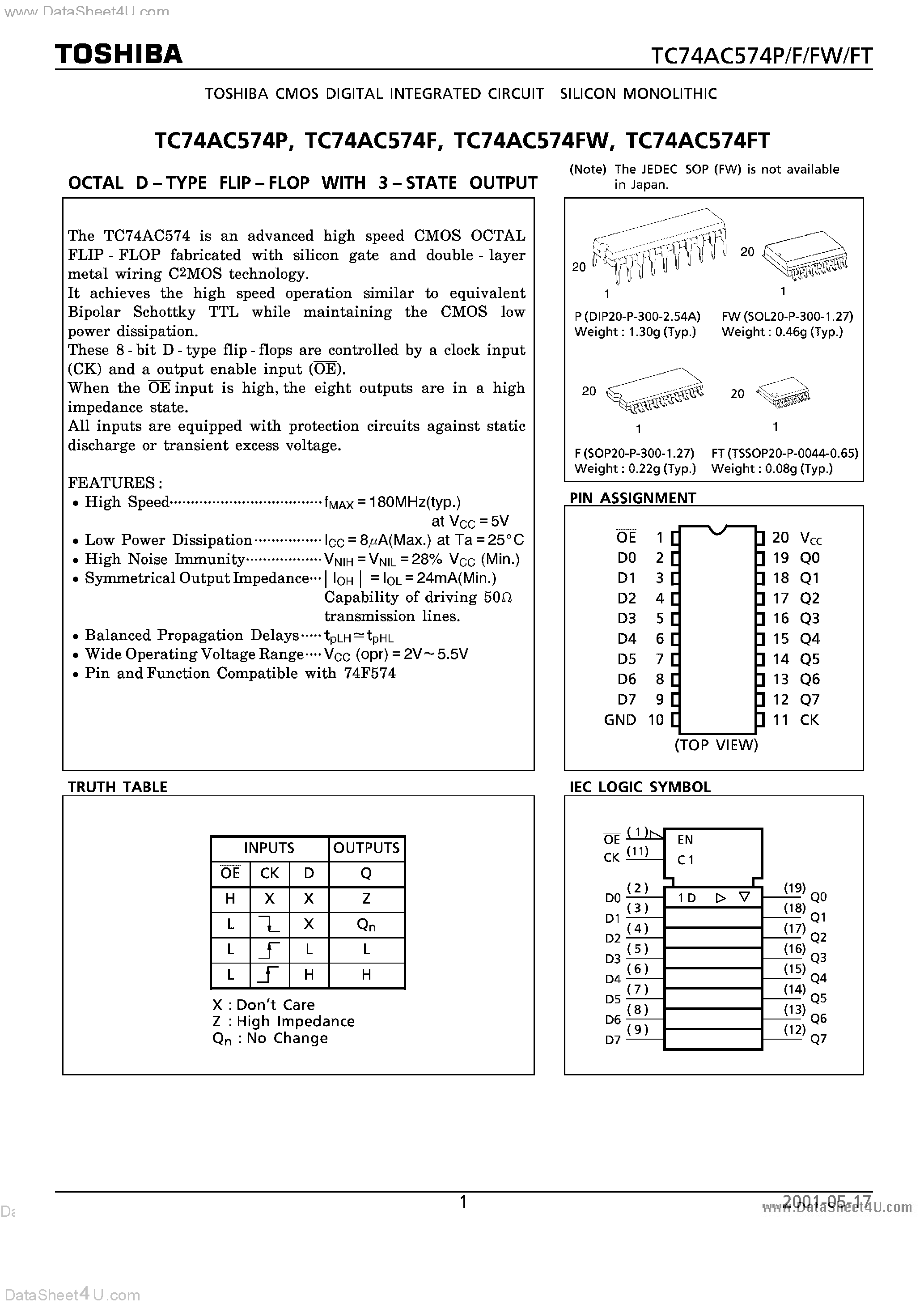 Даташит TC74AC574F - OCTAL D - TYPE FLIP - FLOP WITH 3 STATE OUTPUT страница 1