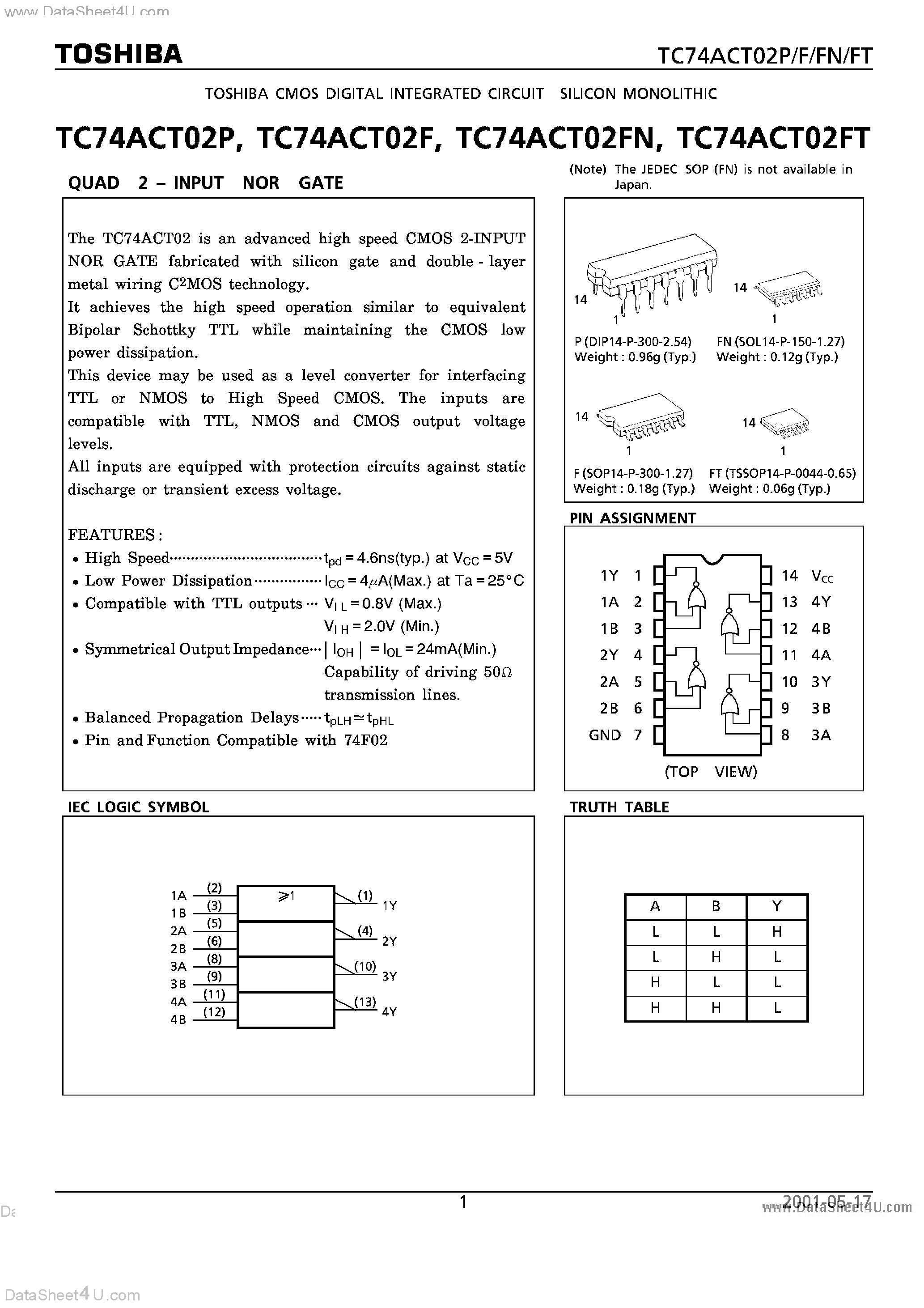 Datasheet TC74ACT02F page 1 Datasheet TC74ACT02F - QUAD 2 INPUT NOR GATE page 1