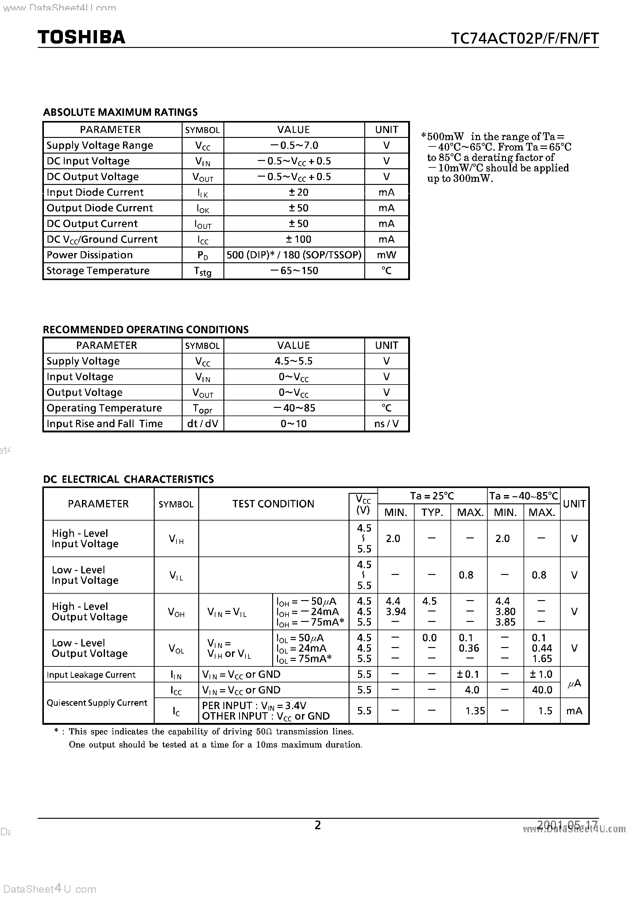 Datasheet TC74ACT02F page 2 Datasheet TC74ACT02F - QUAD 2 INPUT NOR GATE page 2