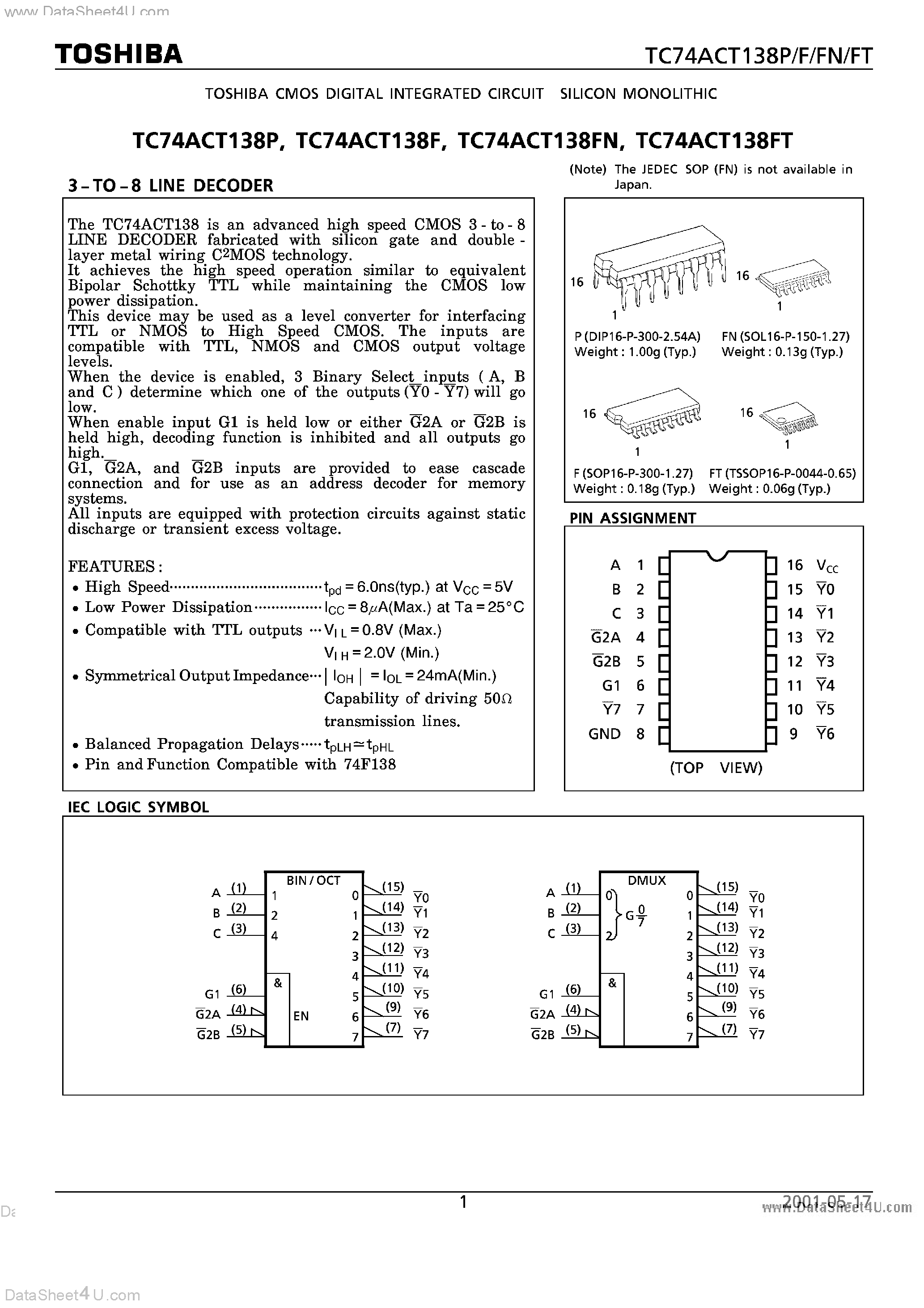 Даташит TC74ACT138F - 3 - TO - 8 LINE DECODER страница 1
