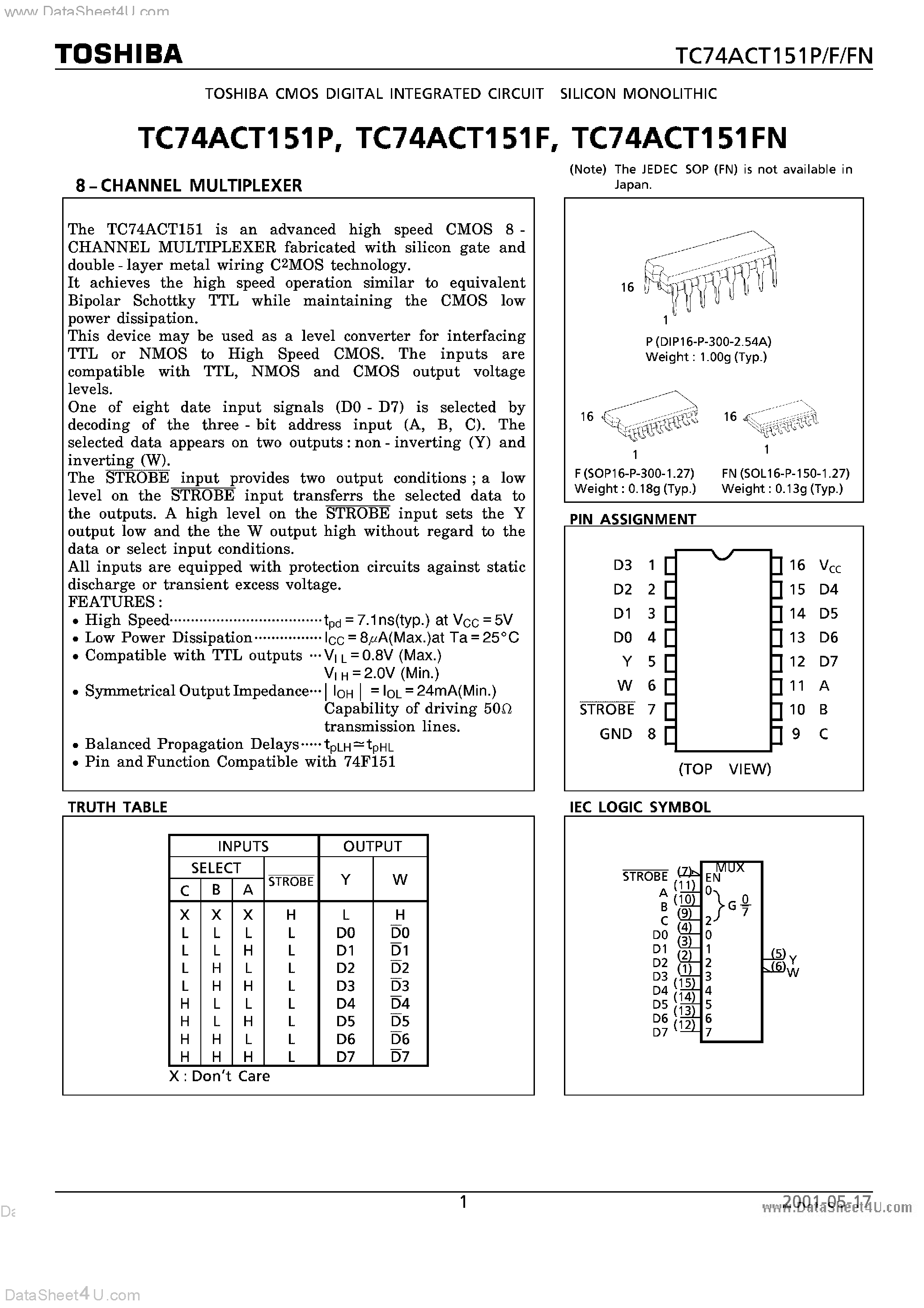 Даташит TC74ACT151F - 8 CHANNEL MULTIPLEXER страница 1