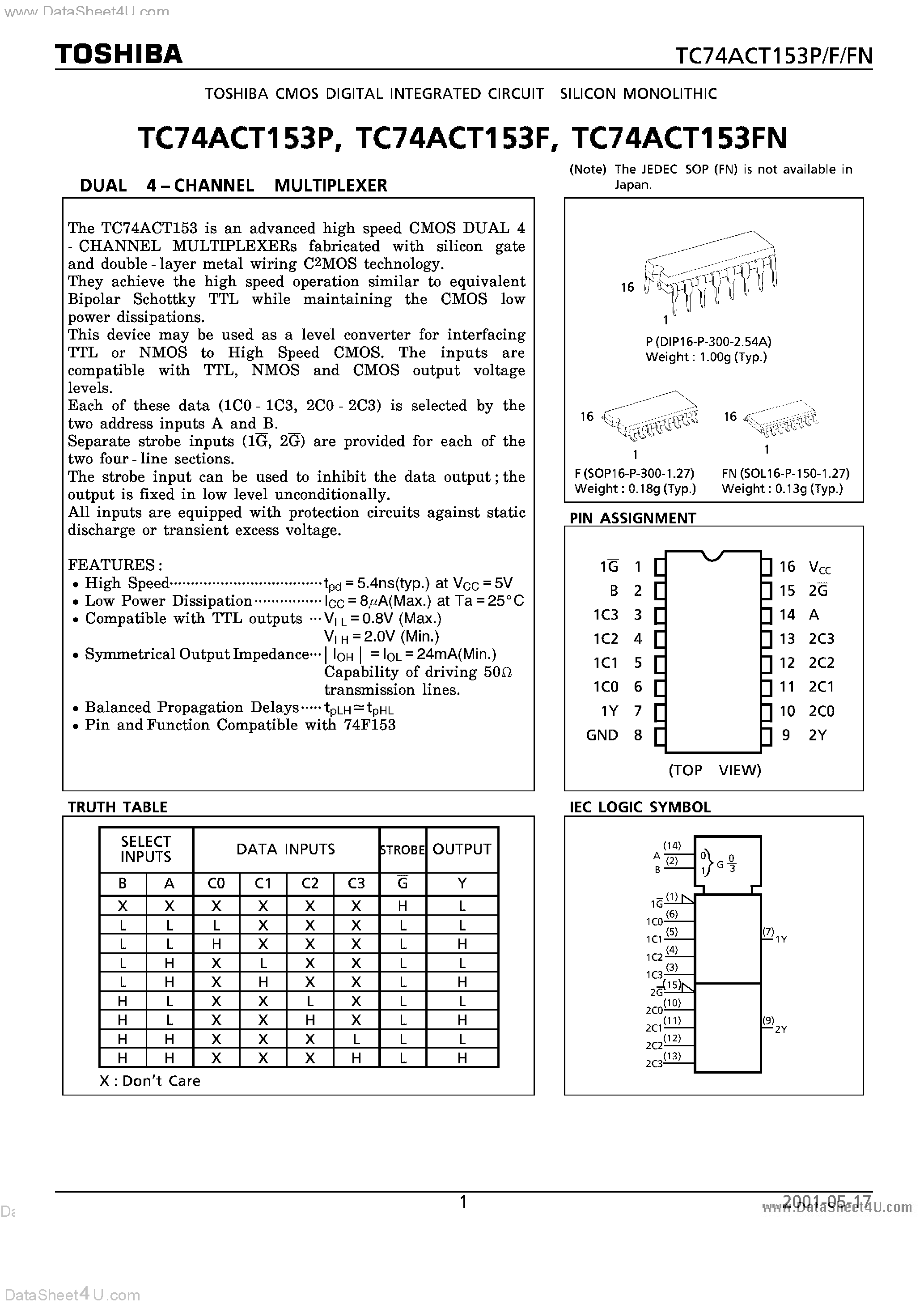 Datasheet TC74ACT153F page 1 Datasheet TC74ACT153F - DUAL 4 CHANNEL MULTIPLEXER page 1