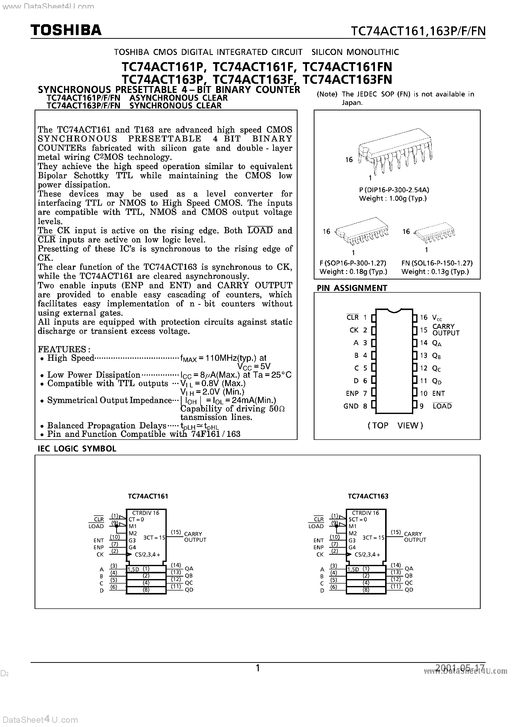 Datasheet TC74ACT161F page 1 Datasheet TC74ACT161F - (TC74ACT161 / TC74ACT163) SYNCHRONOUS PRESETTABLE 4-BIT BINARY COUNTER page 1