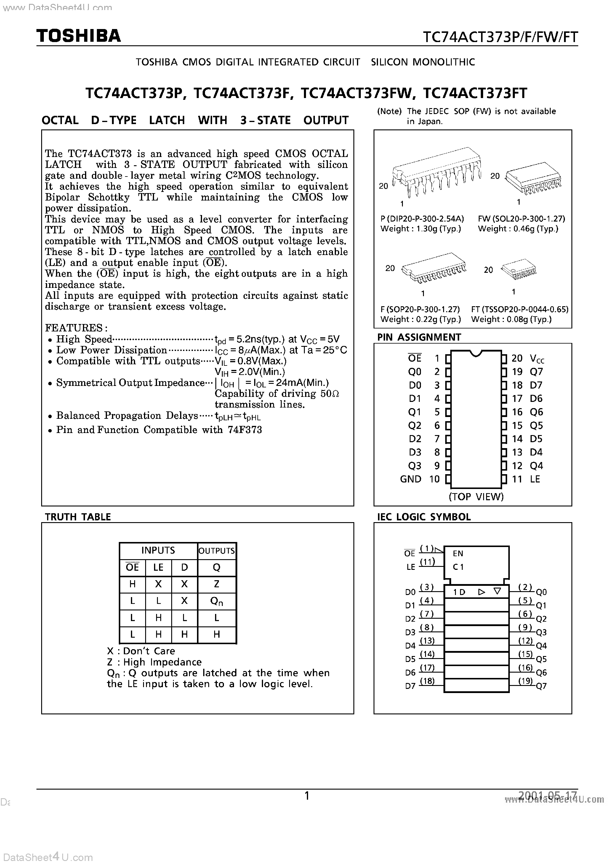 Даташит TC74ACT373F - OCTAL D-TYPE LATCH WITH 3-STATE OUTPUT страница 1