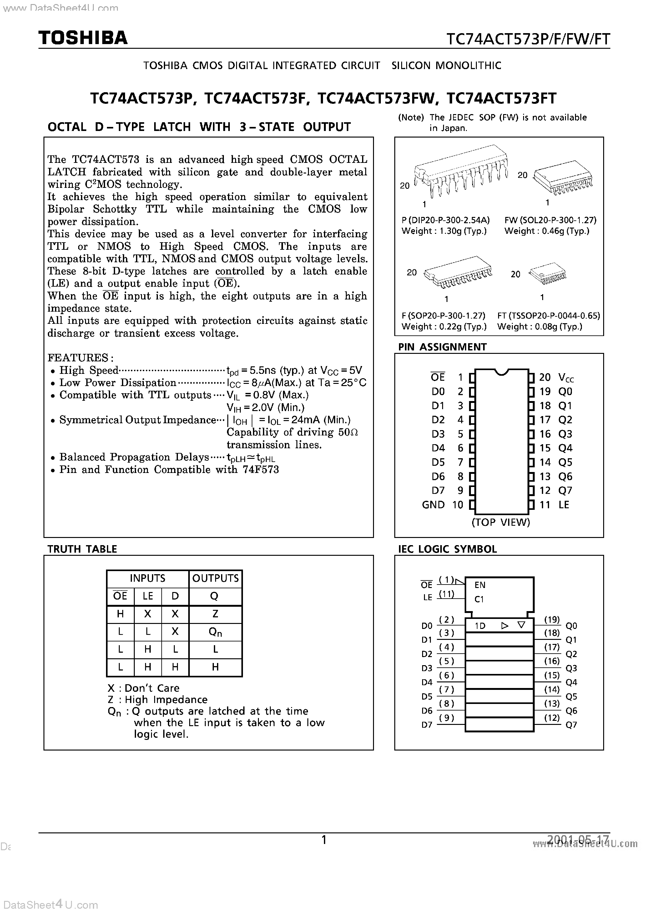 Даташит TC74ACT573F - OCTAL D-TYPE LATCH WITH 3-STATE OUTPUT страница 1