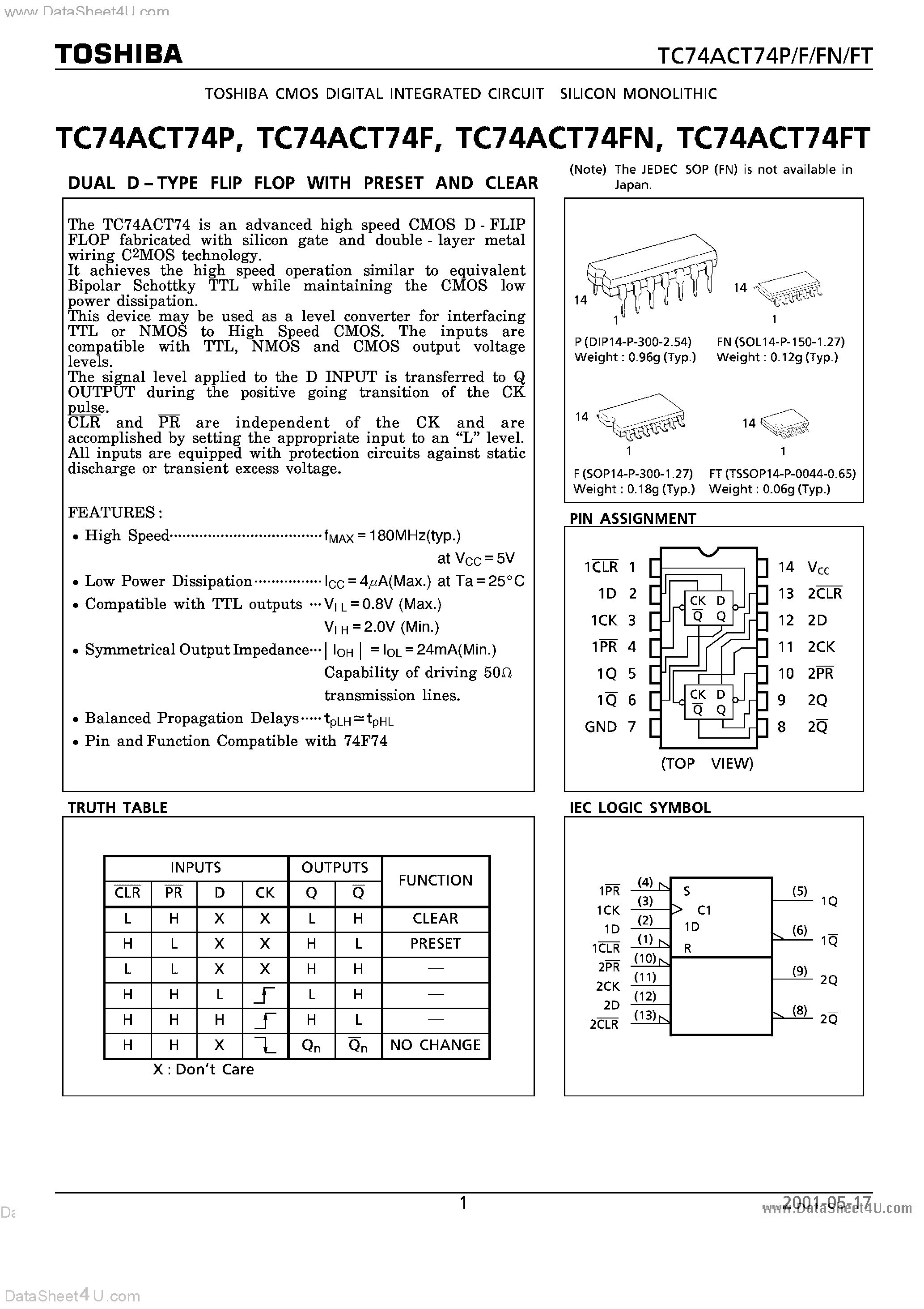 Datasheet TC74ACT74F - DUAL D - TYPE FLIP FLOP WITH PRESET AND CLEAR page 1