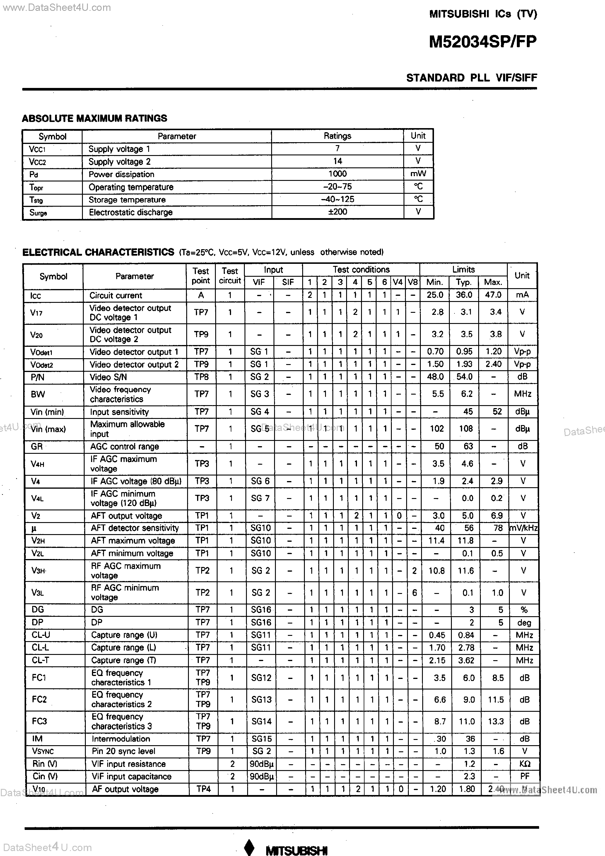 Даташит на микросхему M52034FP страница 2 Даташит M52034FP - Standard PLL VIF/SIF страница 2
