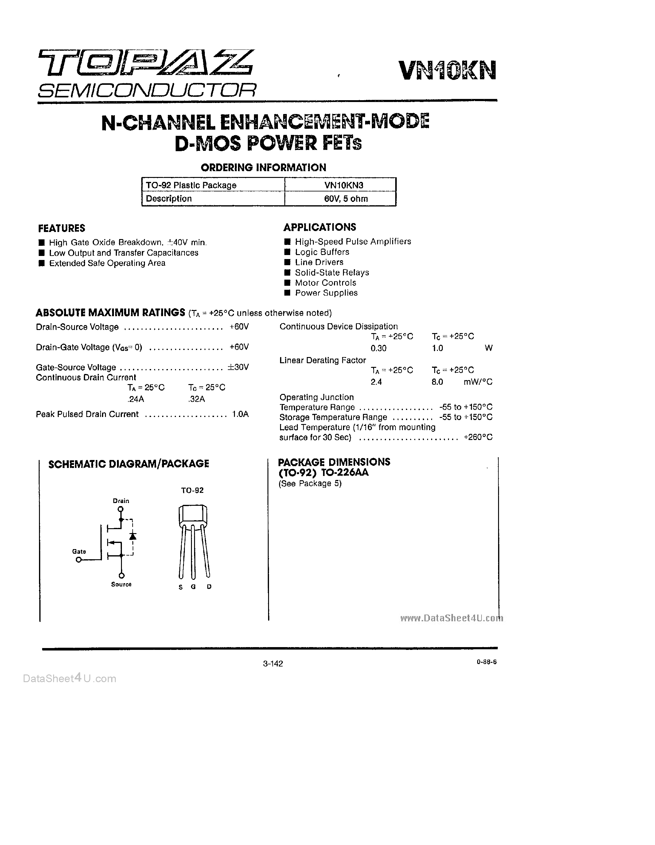 Datasheet VN10KN3 - N-Channel Enhancement Mode D-MOS Power FETs page 1