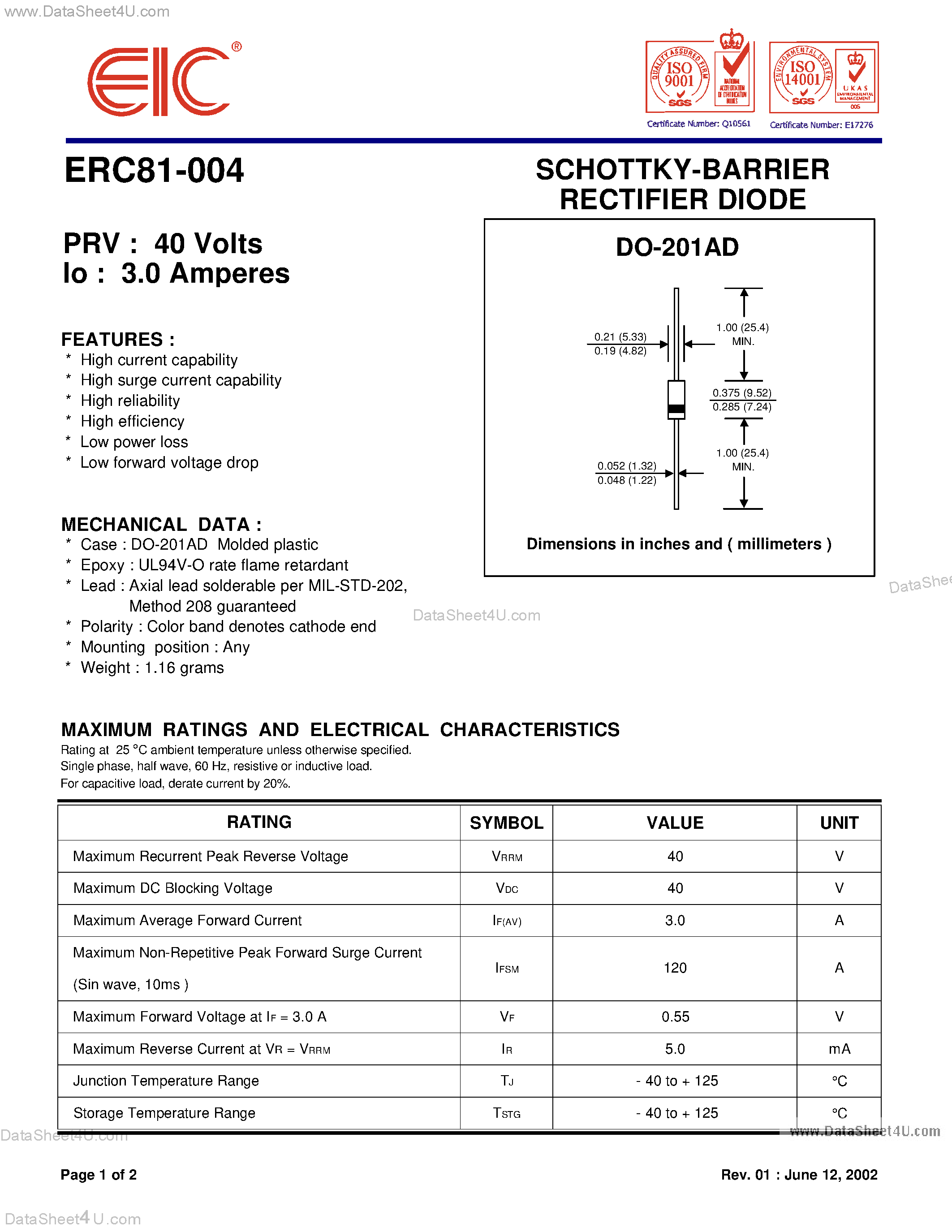Даташит на микросхему ERC81-004 страница 1 Даташит ERC81-004 - Schottky Barrier Rectifier Diode страница 1