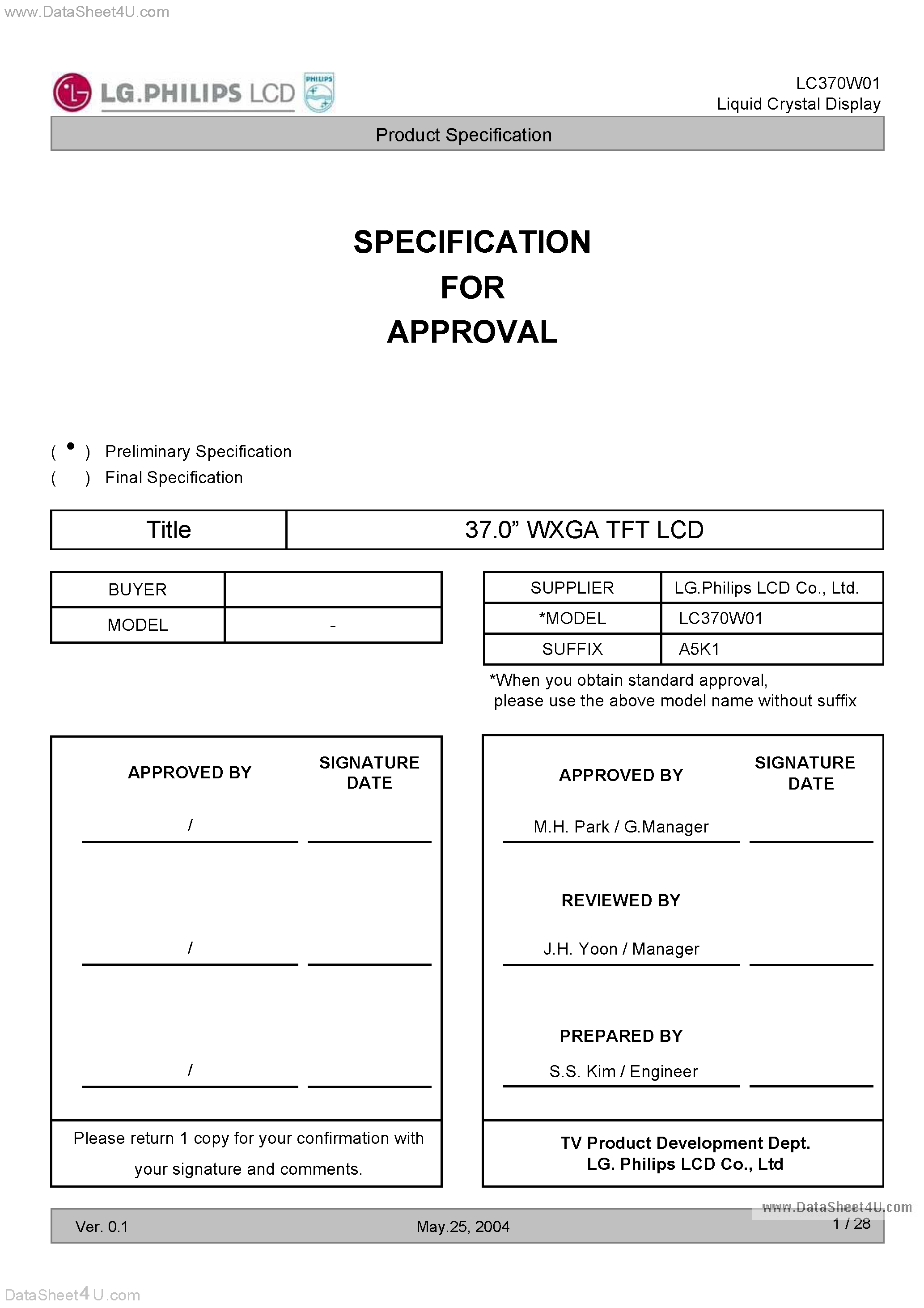 Datasheet LC370W01 - 37.0 WXGA TFT LCD page 1