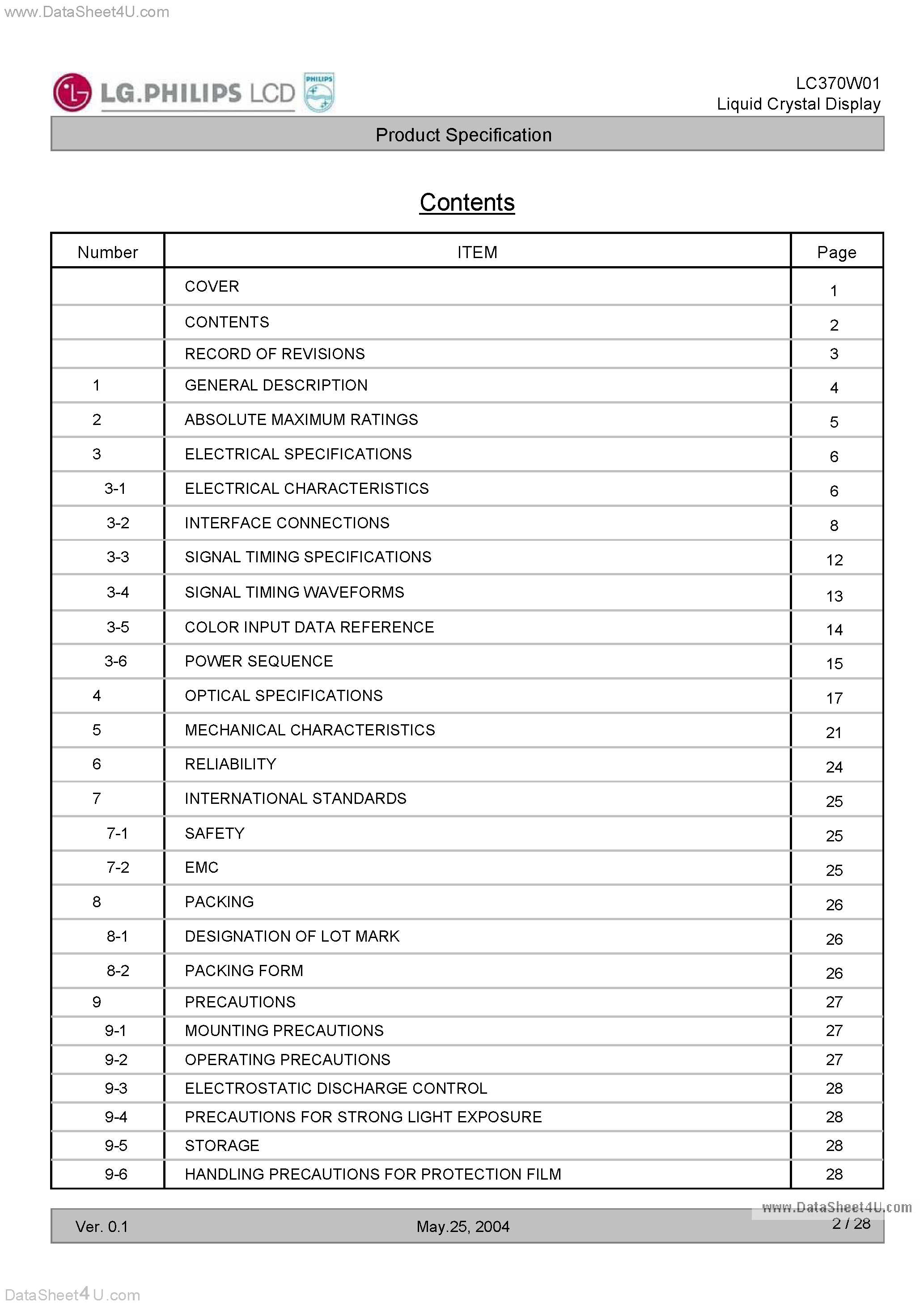 Datasheet LC370W01 - 37.0 WXGA TFT LCD page 2