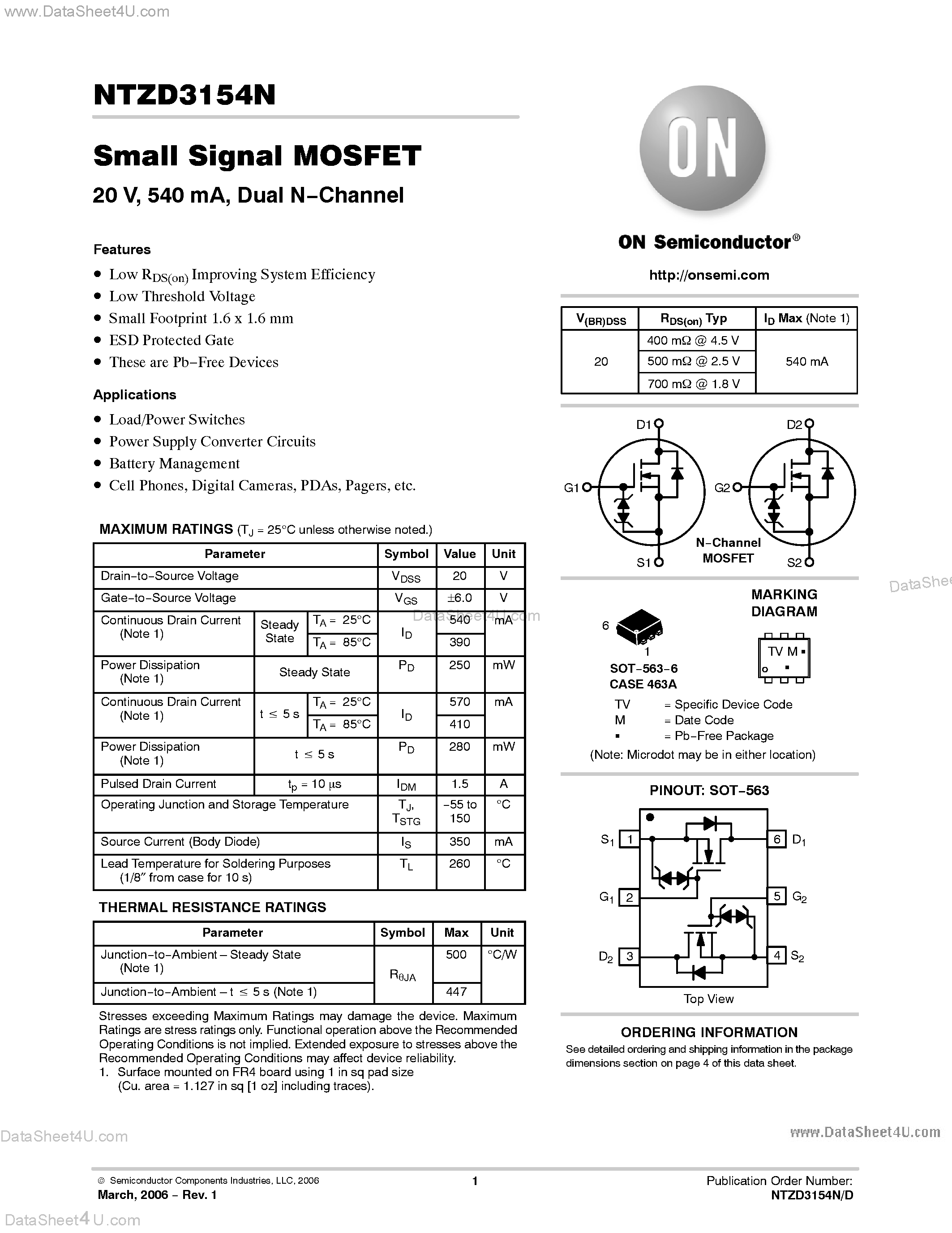 Datasheet NTZD3154N - Small Signal MOSFET 20V 540mA Dual N-Channel page 1