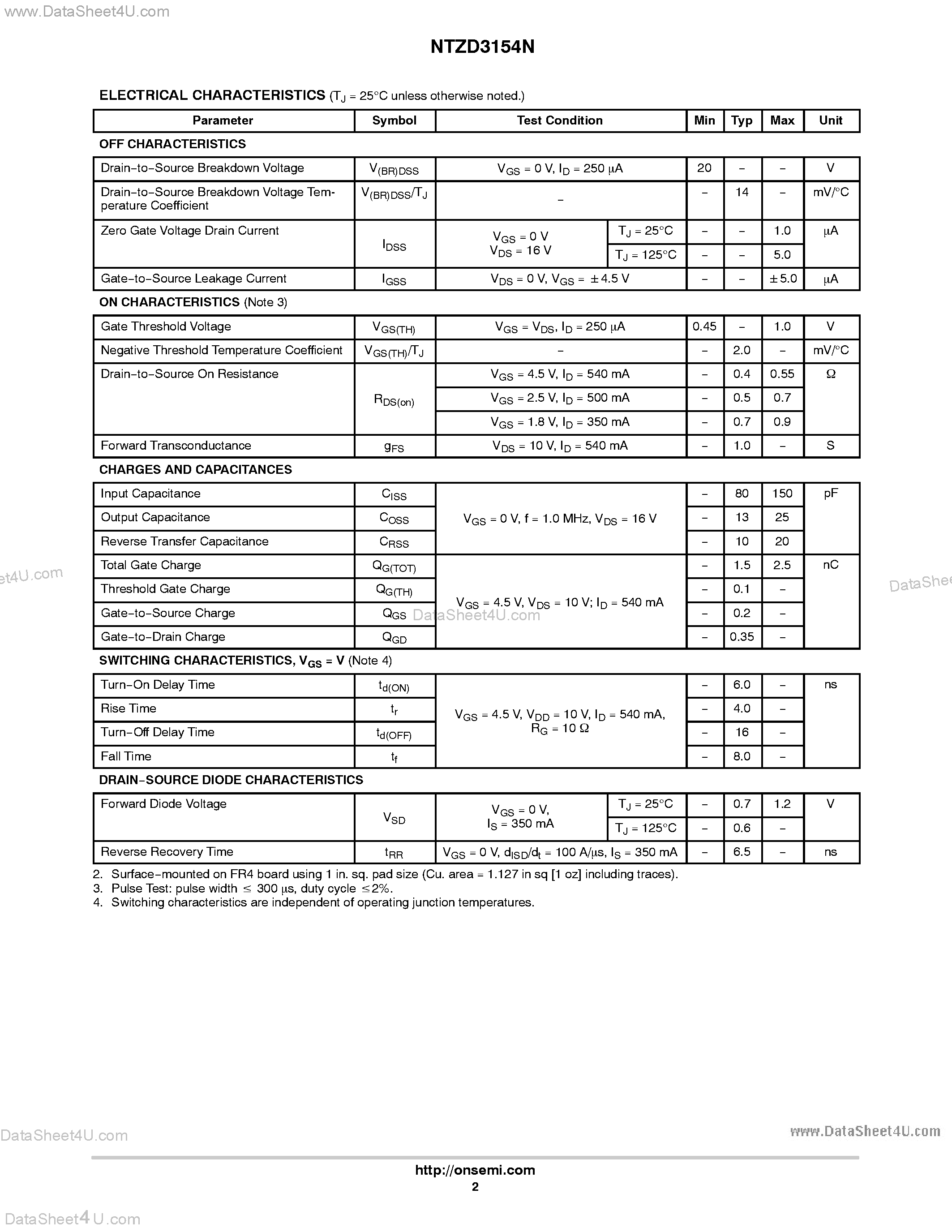 Datasheet NTZD3154N - Small Signal MOSFET 20V 540mA Dual N-Channel page 2