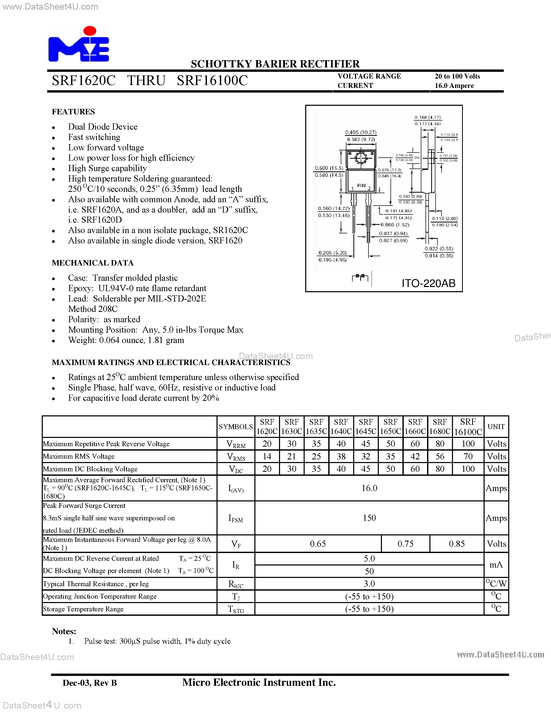 Datasheet SRF16100C page 1 Datasheet SRF16100C - (SRF1620C - SRF16100C) SCHOTTKY BARIER RECTIFIER page 1