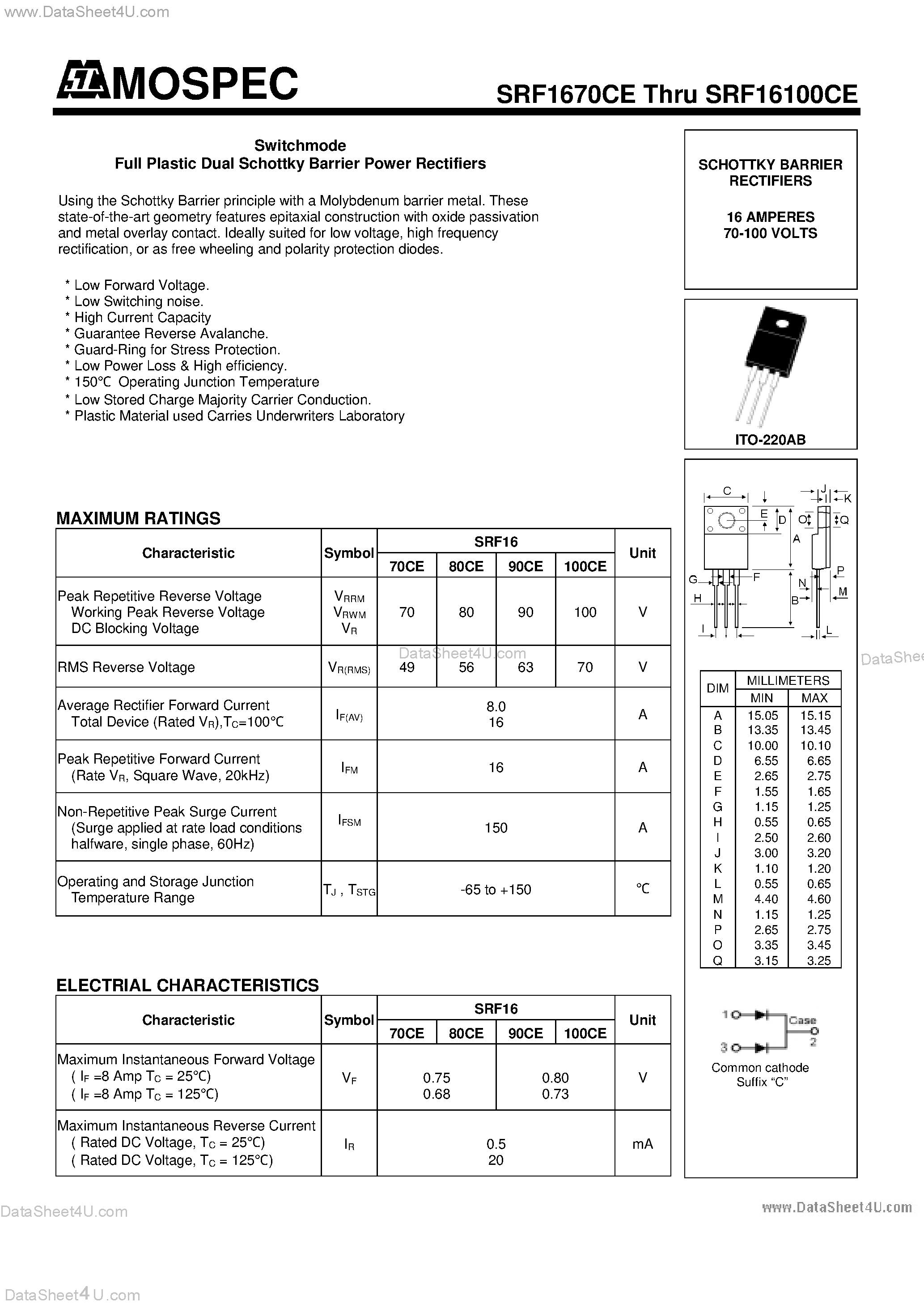 Datasheet SRF16100CE - (SRF1670CE - SRF16100CE) Switchmode Full Plastic Dual Schottky Barrier Power Rectifiers page 1