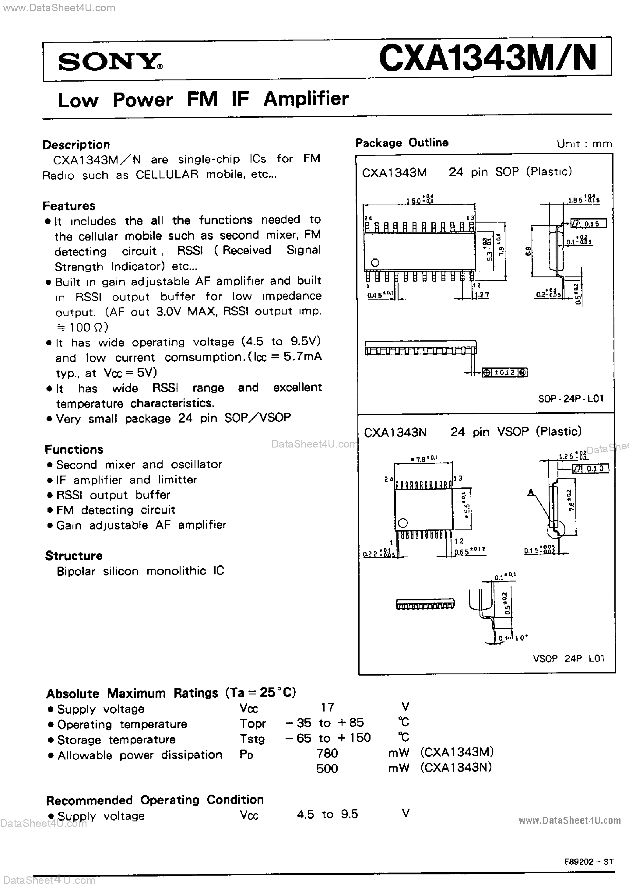 Даташит CXA1343M - Low Power FM IF Amplifier страница 1