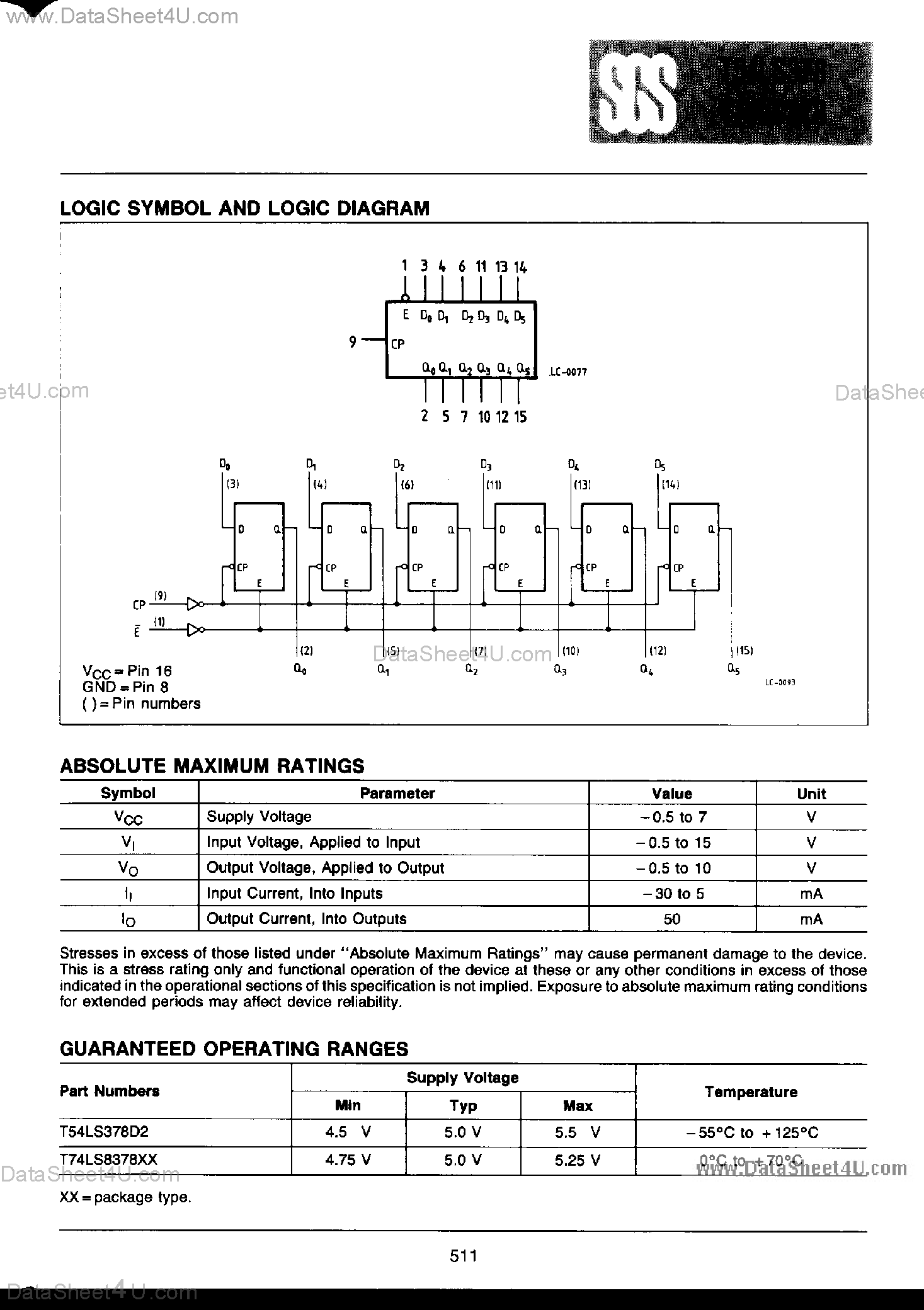 Даташит T74LS378 - Hex Parallel D Register страница 2