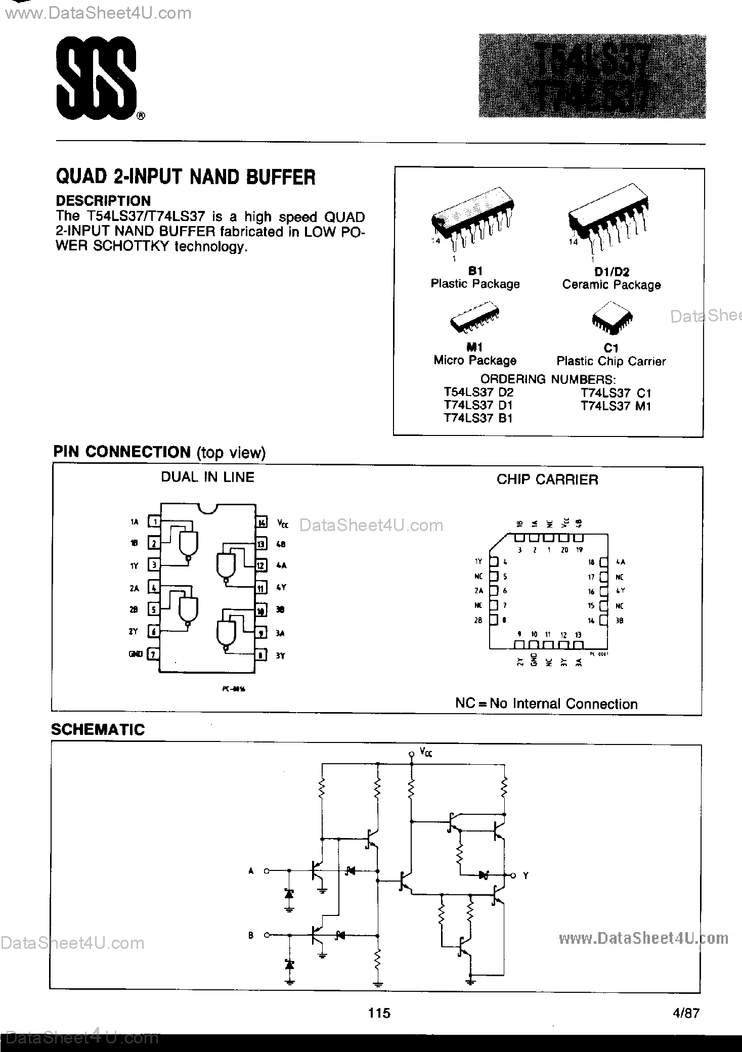 Даташит на микросхему T74LS37 страница 1 Даташит T74LS37 - Quad 2-Input NAND Buffer страница 1