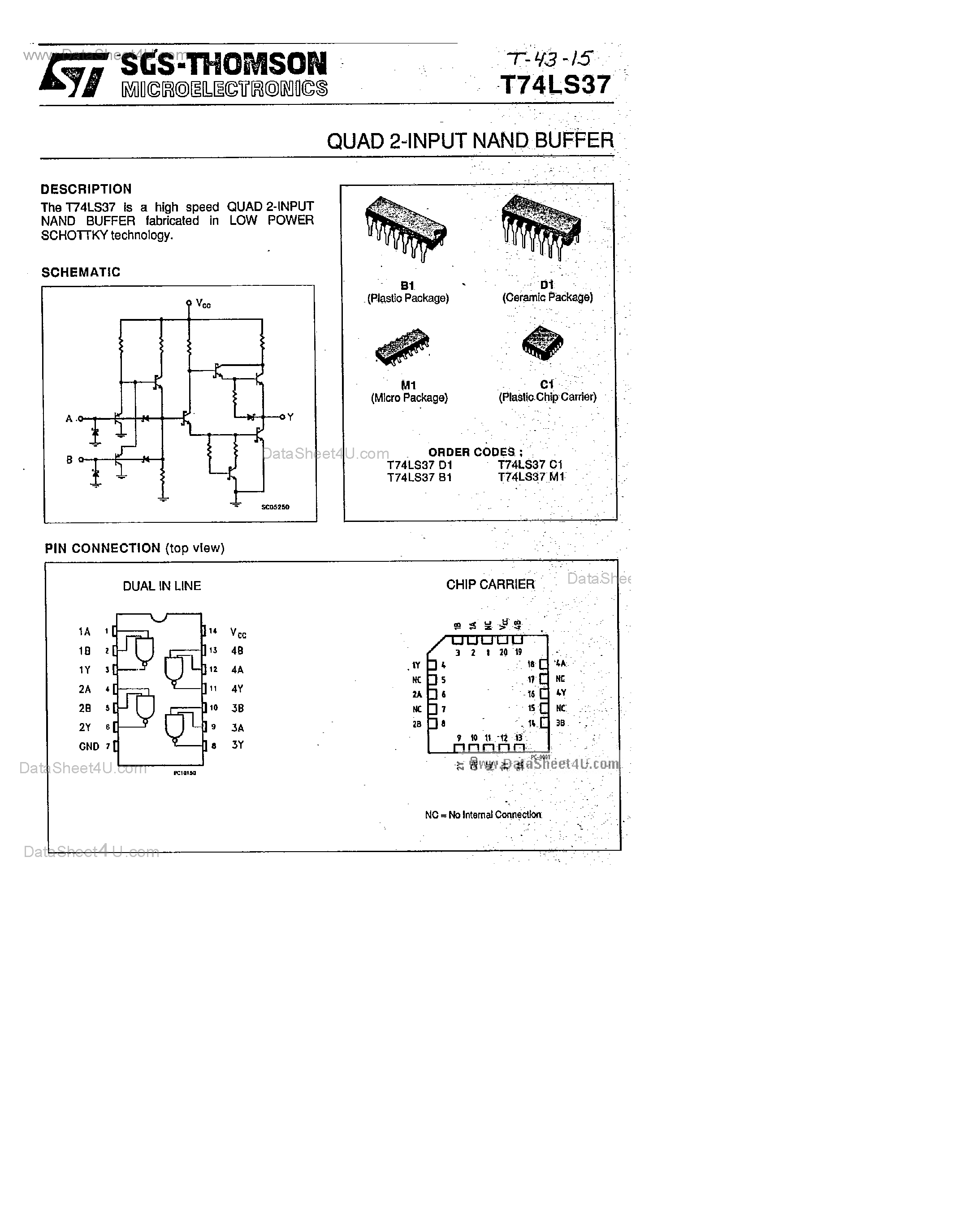 Datasheet T74LS37 - Quad 2-Input NAND Buffer page 1