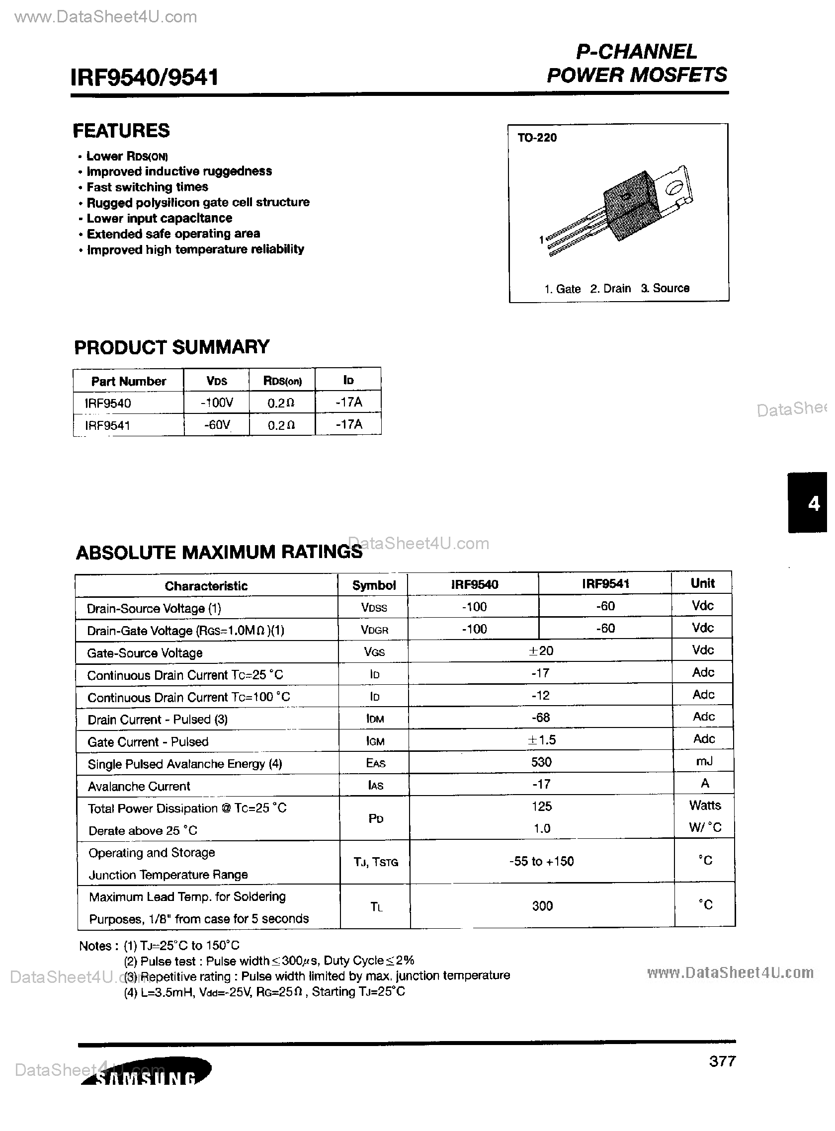 Даташит IRF9540 - (IRF9540 / IRF9541) P-CHANNEL POWER MOSFETS страница 1