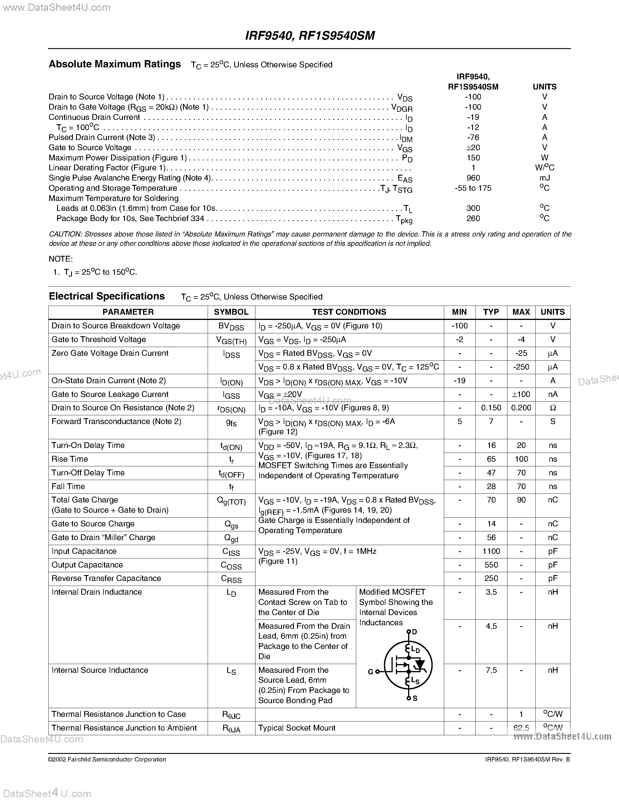 Datasheet IRF9540 page 2 Datasheet IRF9540 - P-Channel Power MOSFETs page 2
