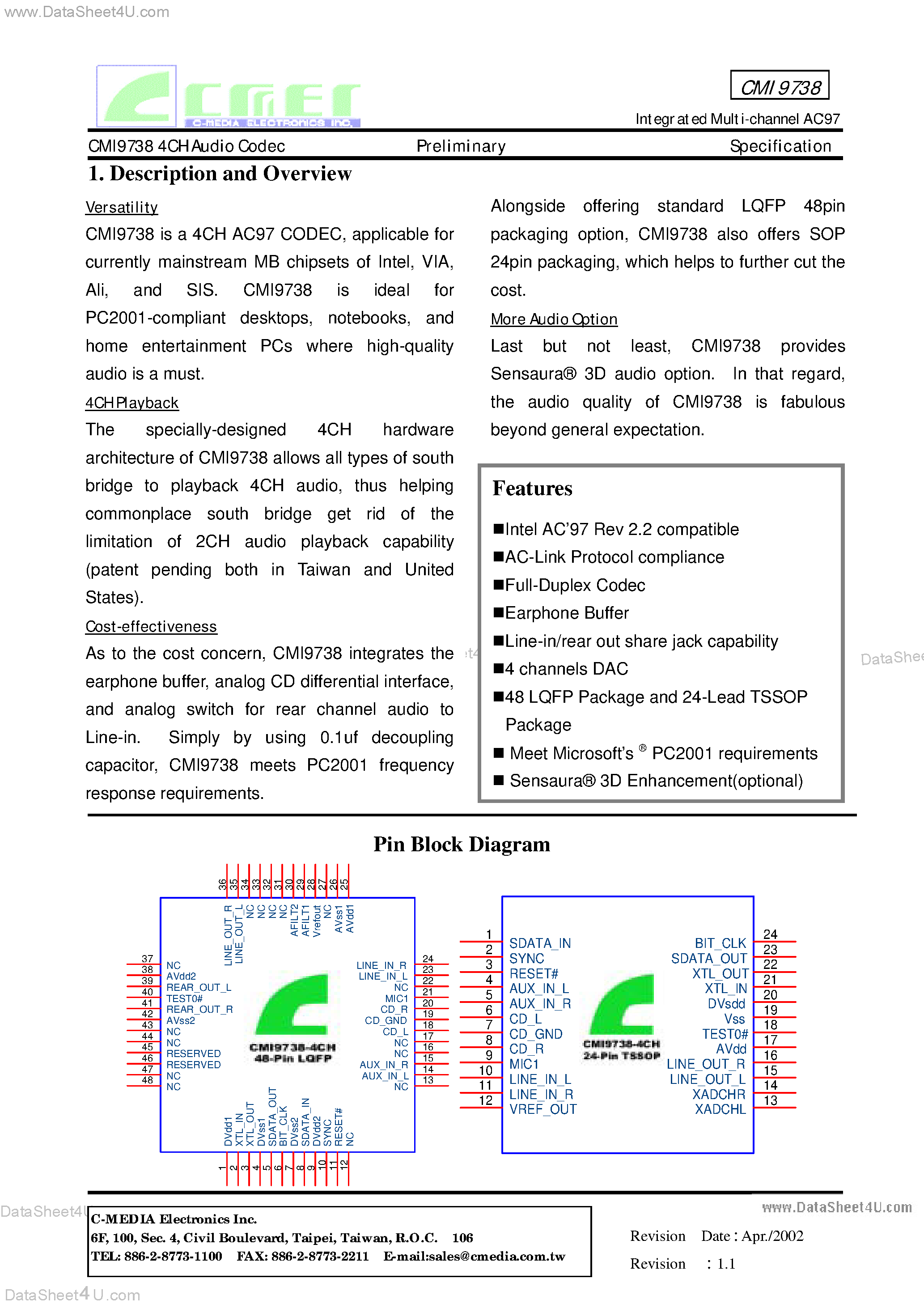 Даташит CMI9738 - 4-Channel Audio Codec страница 1