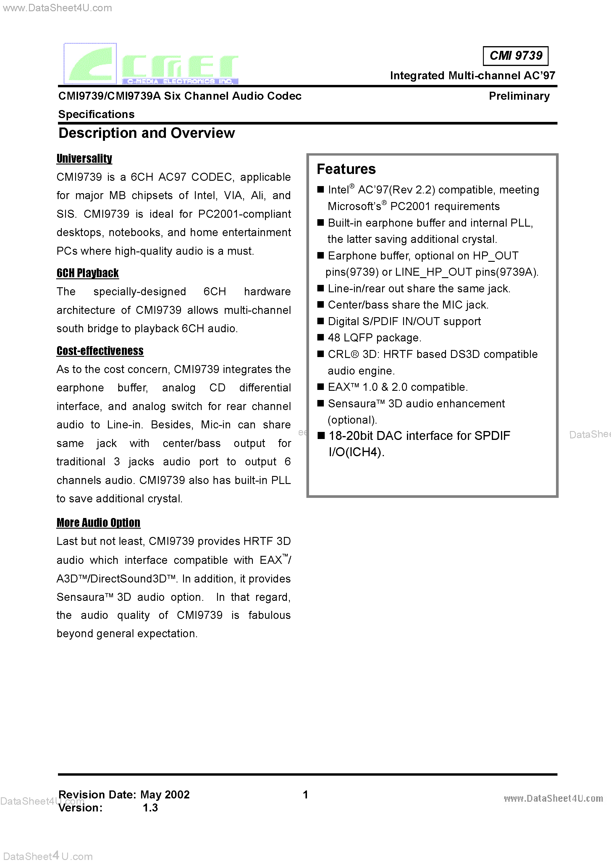 Datasheet CMI9739 - 6-Channel Audio Codec page 1