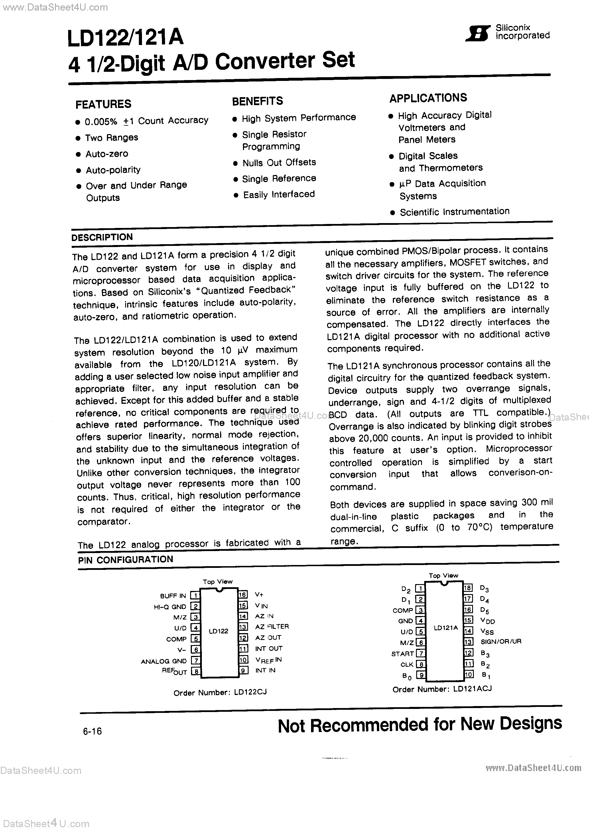 Даташит LD121A - (LD121A / LD122) 4 1/2-Digit A/D Converter Set страница 1