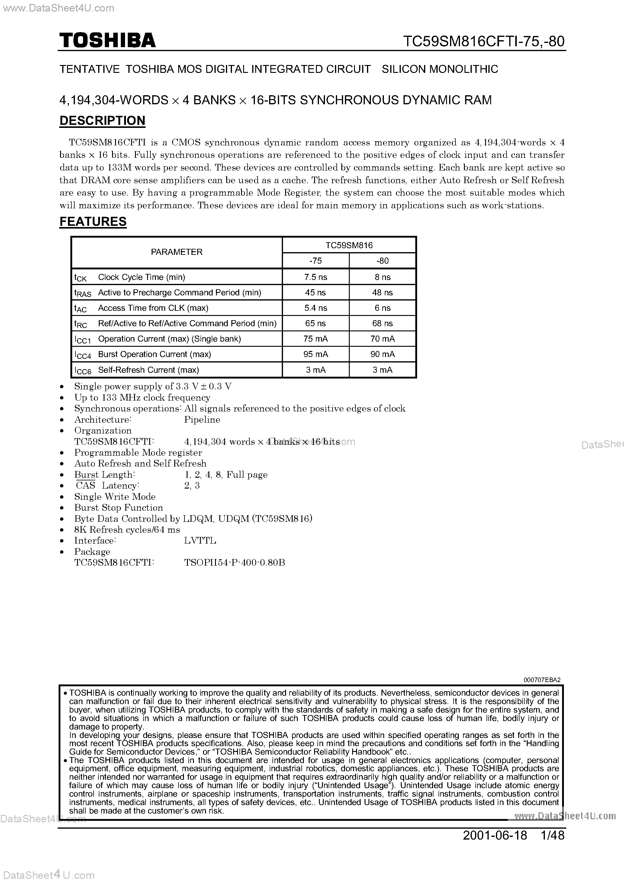 Datasheet TC59SM816CFTI page 1 Datasheet TC59SM816CFTI - SDRAM page 1
