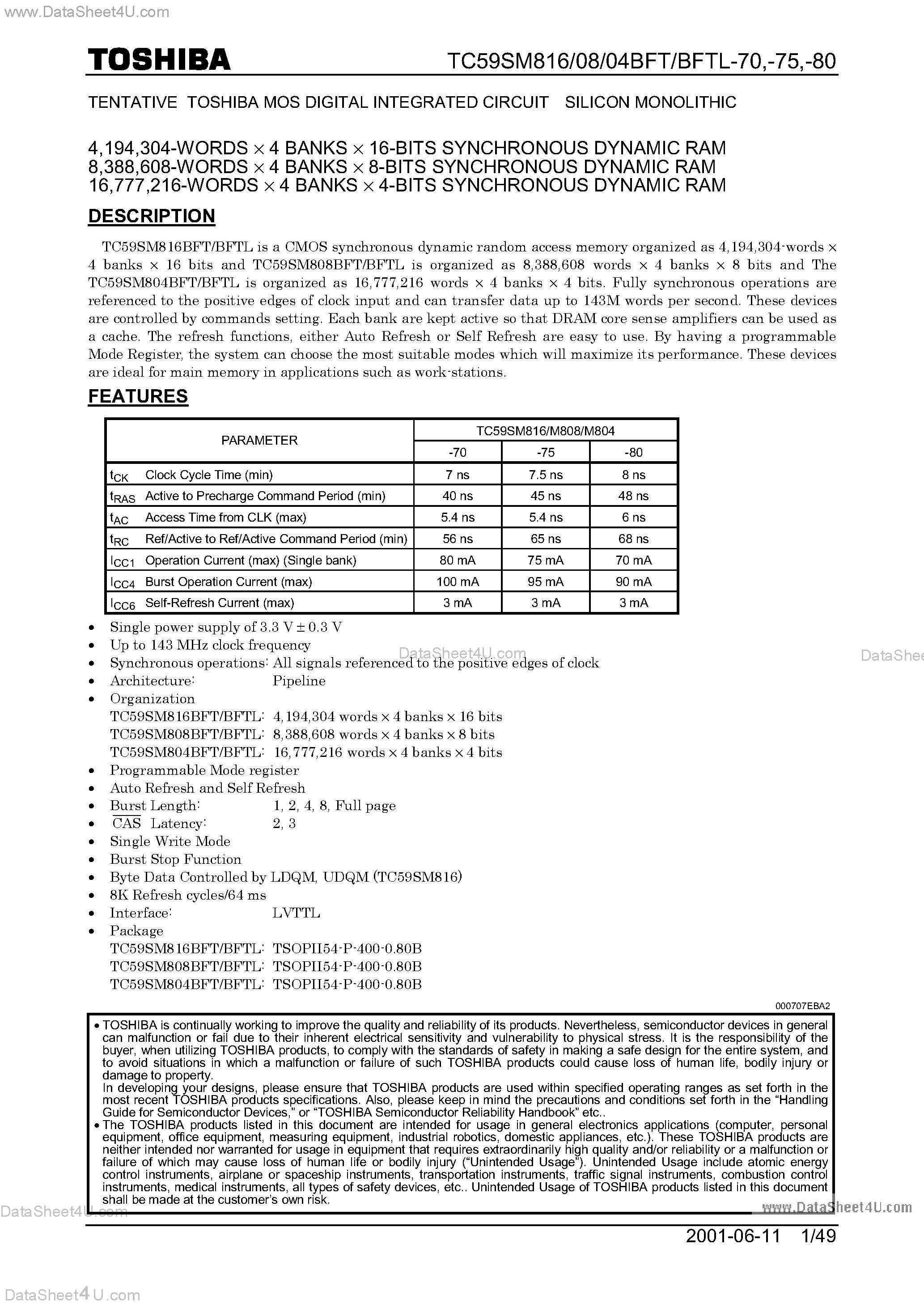 Datasheet TC59SM804BFT page 1 Datasheet TC59SM804BFT - (TC59SM804BFT - TC59SM816BFT) SDRAM page 1