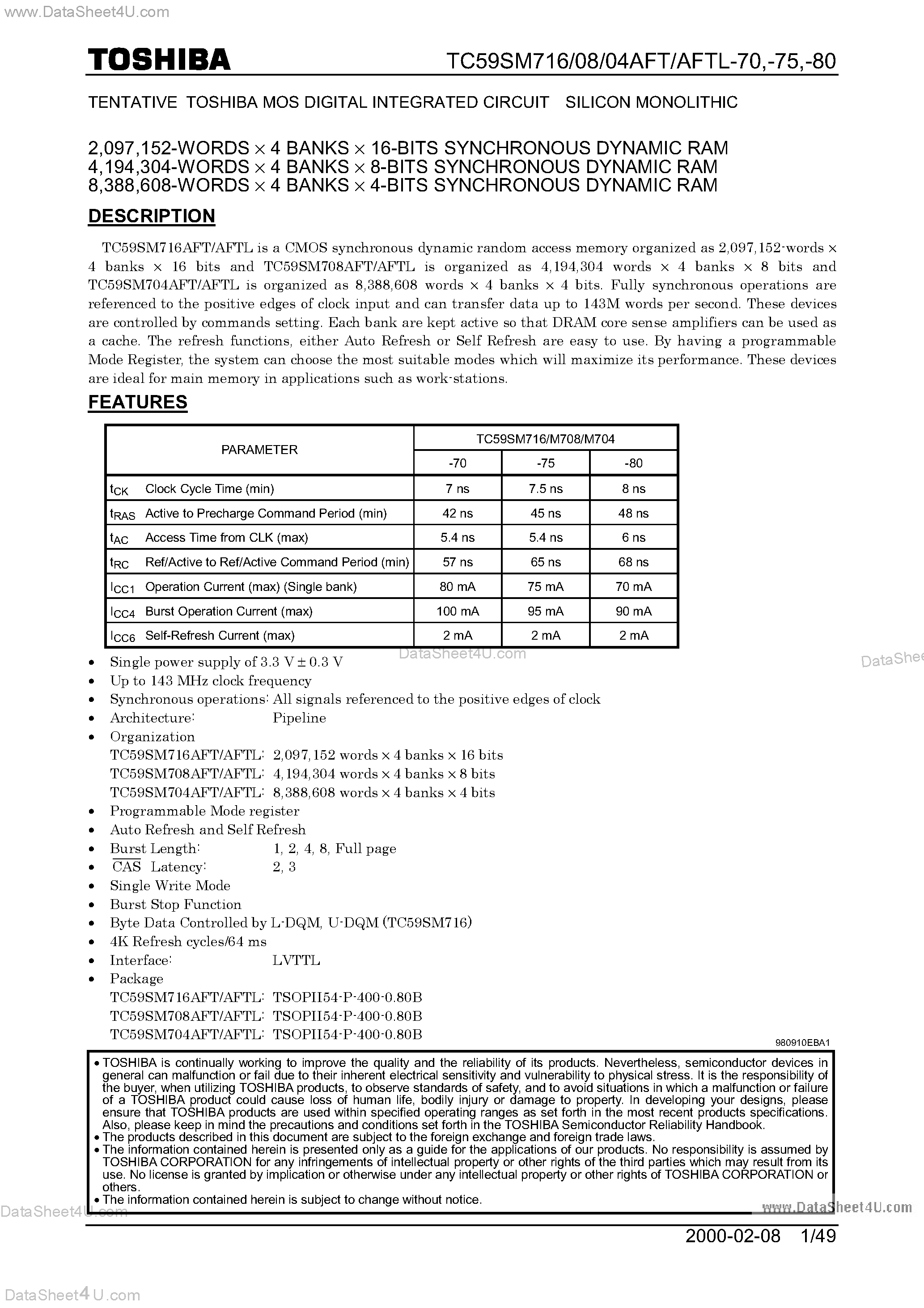 Datasheet TC59SM704AFT page 1 Datasheet TC59SM704AFT - (TC59SM704 - TC59SM716) SDRAM page 1