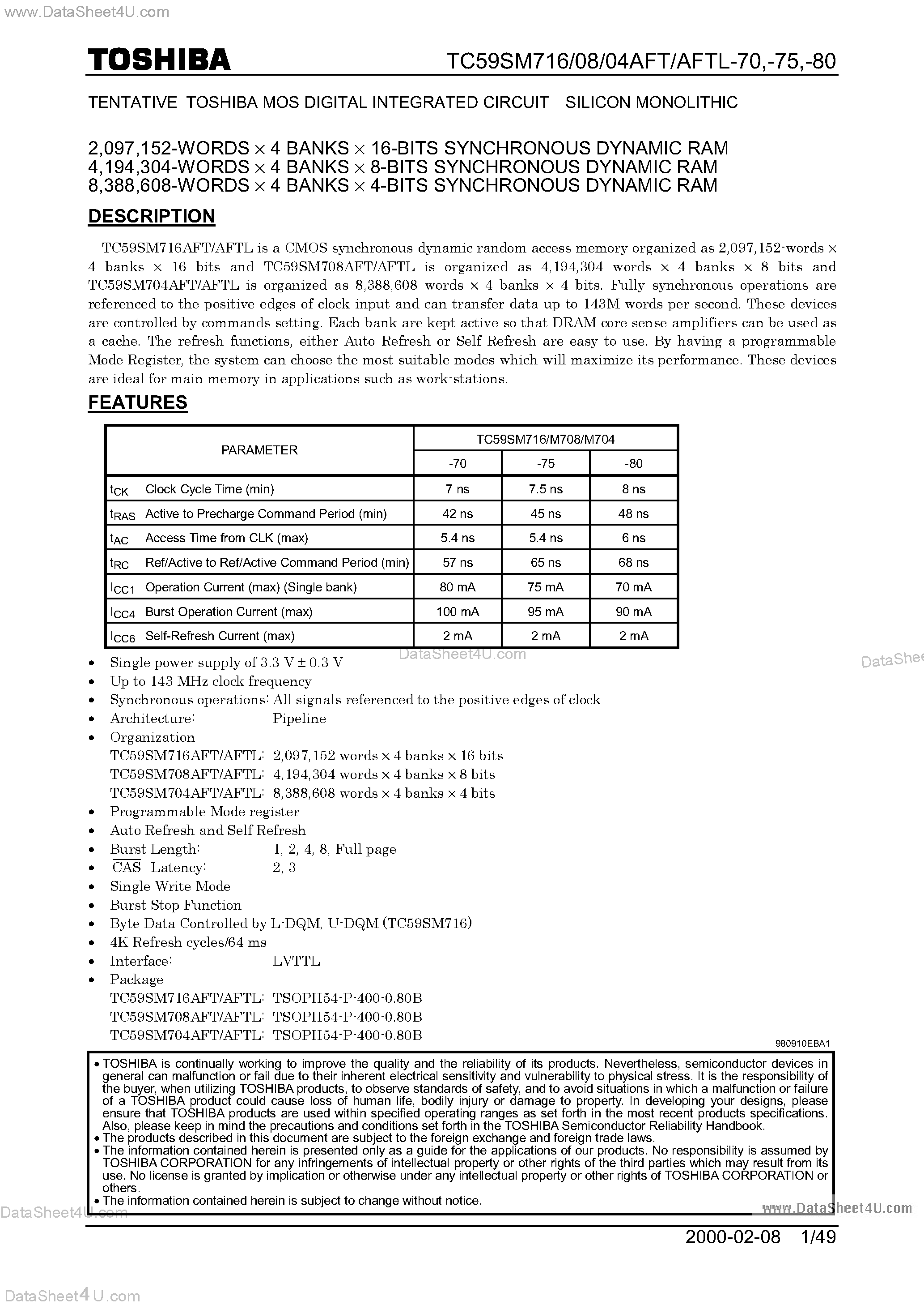 Datasheet TC59SM704AFT - (TC59SM704 - TC59SM716) SDRAM page 1