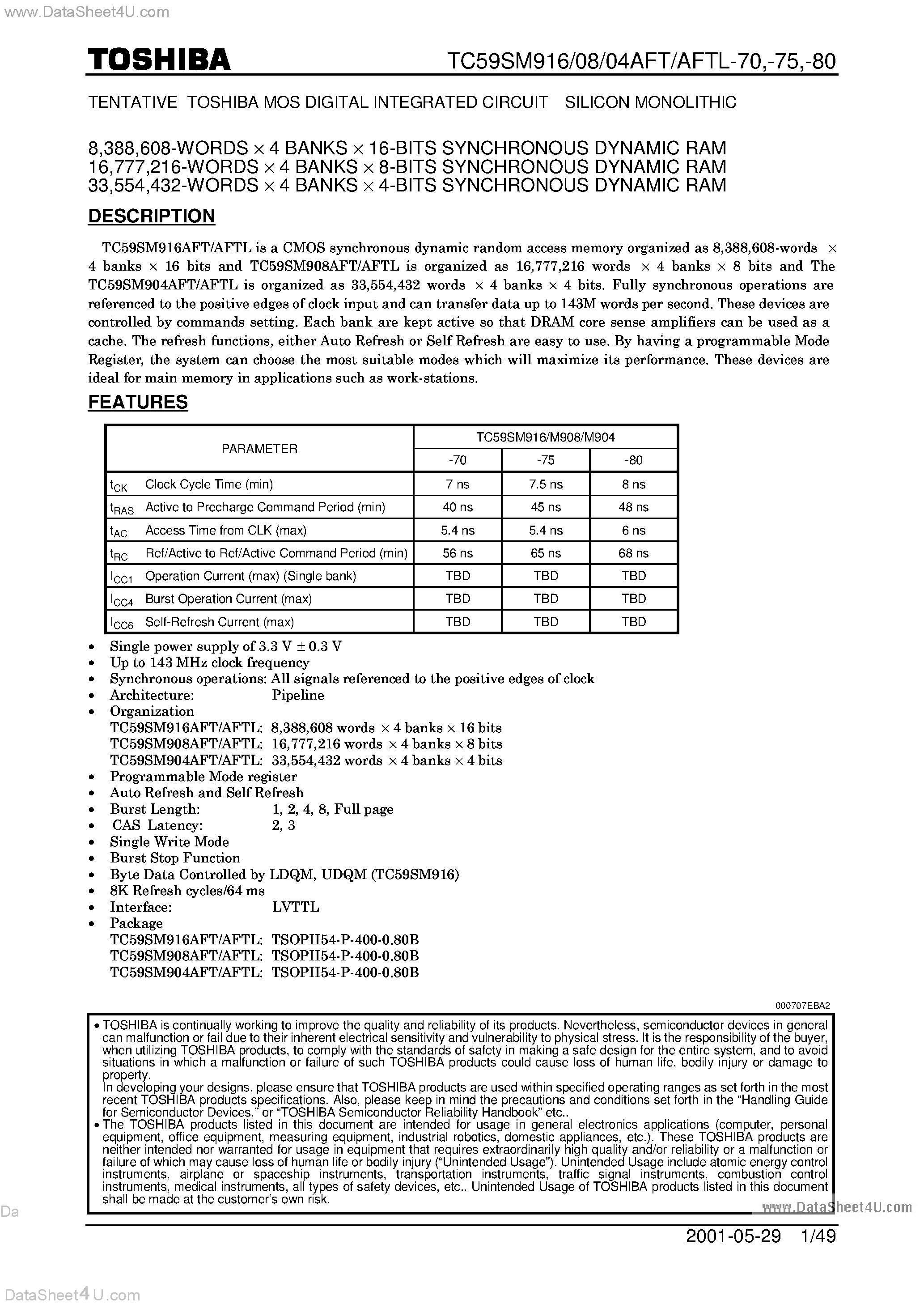 Datasheet TC59SM904AFT page 1 Datasheet TC59SM904AFT - (TC59SM904AFT - TC59SM916AFT) SDRAM page 1