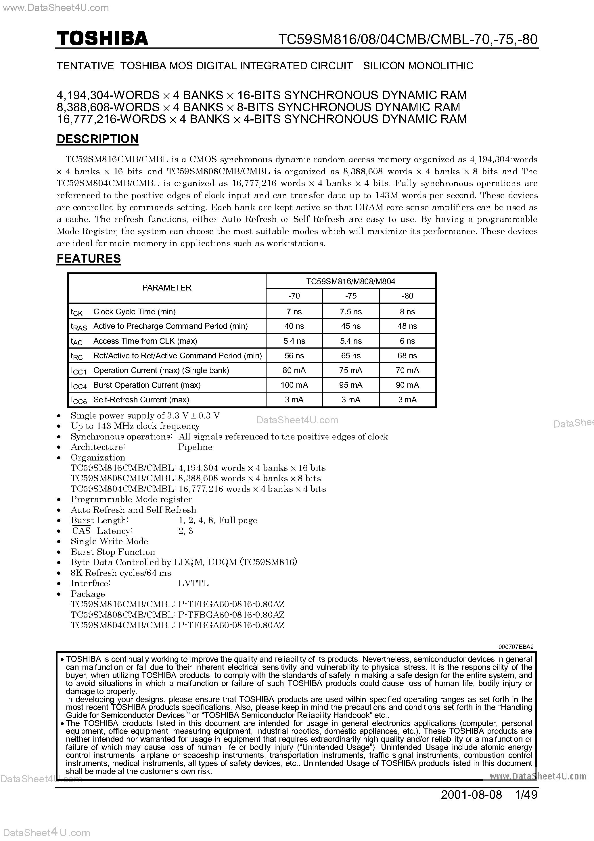 Datasheet TC59SM804CMB page 1 Datasheet TC59SM804CMB - (TC59SM804CMB - TC59SM816CMB) SDRAM page 1