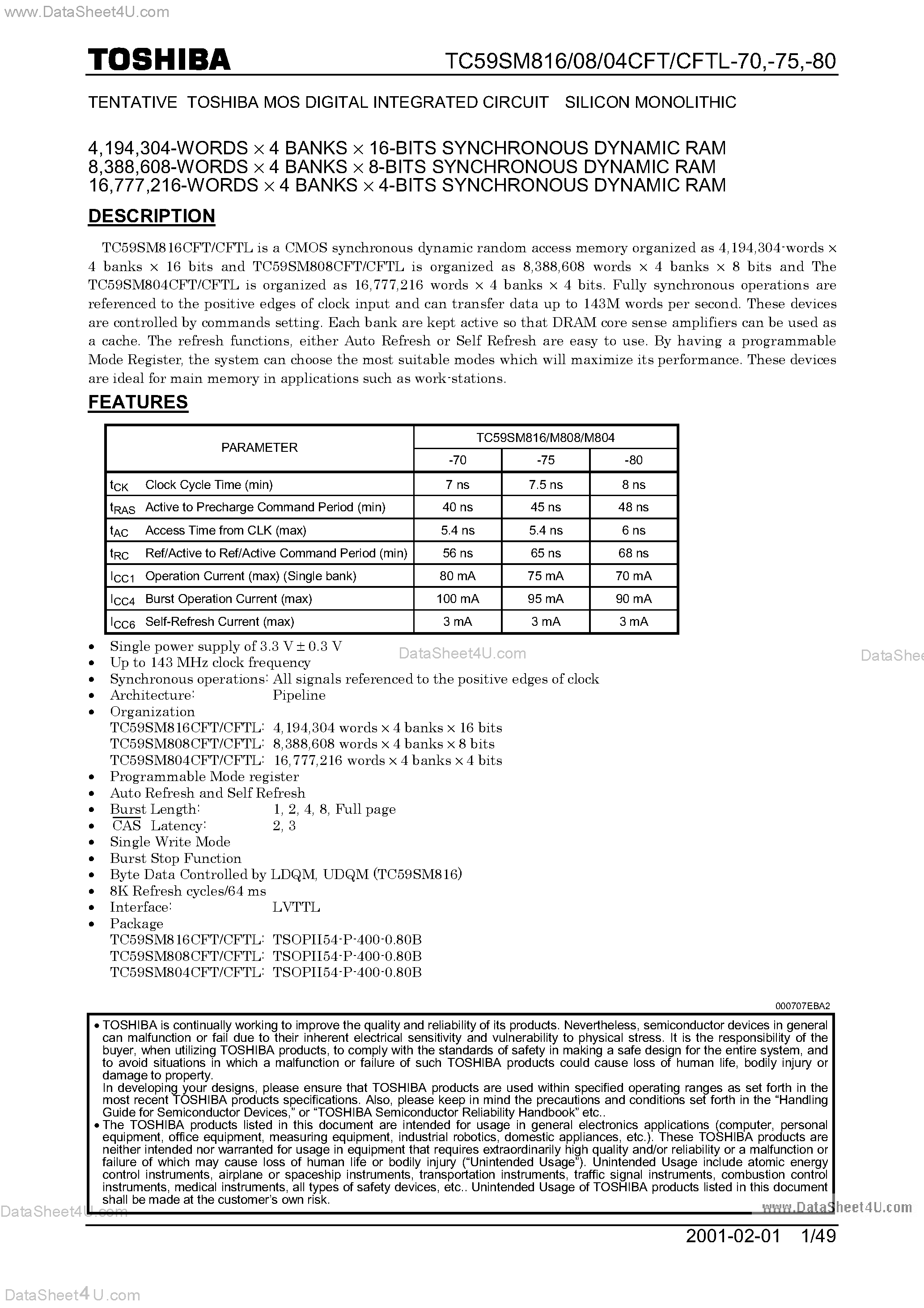Datasheet TC59SM804CFTL page 1 Datasheet TC59SM804CFTL - (TC59SM804CFT - TC59SM816CFT) SDRAM page 1