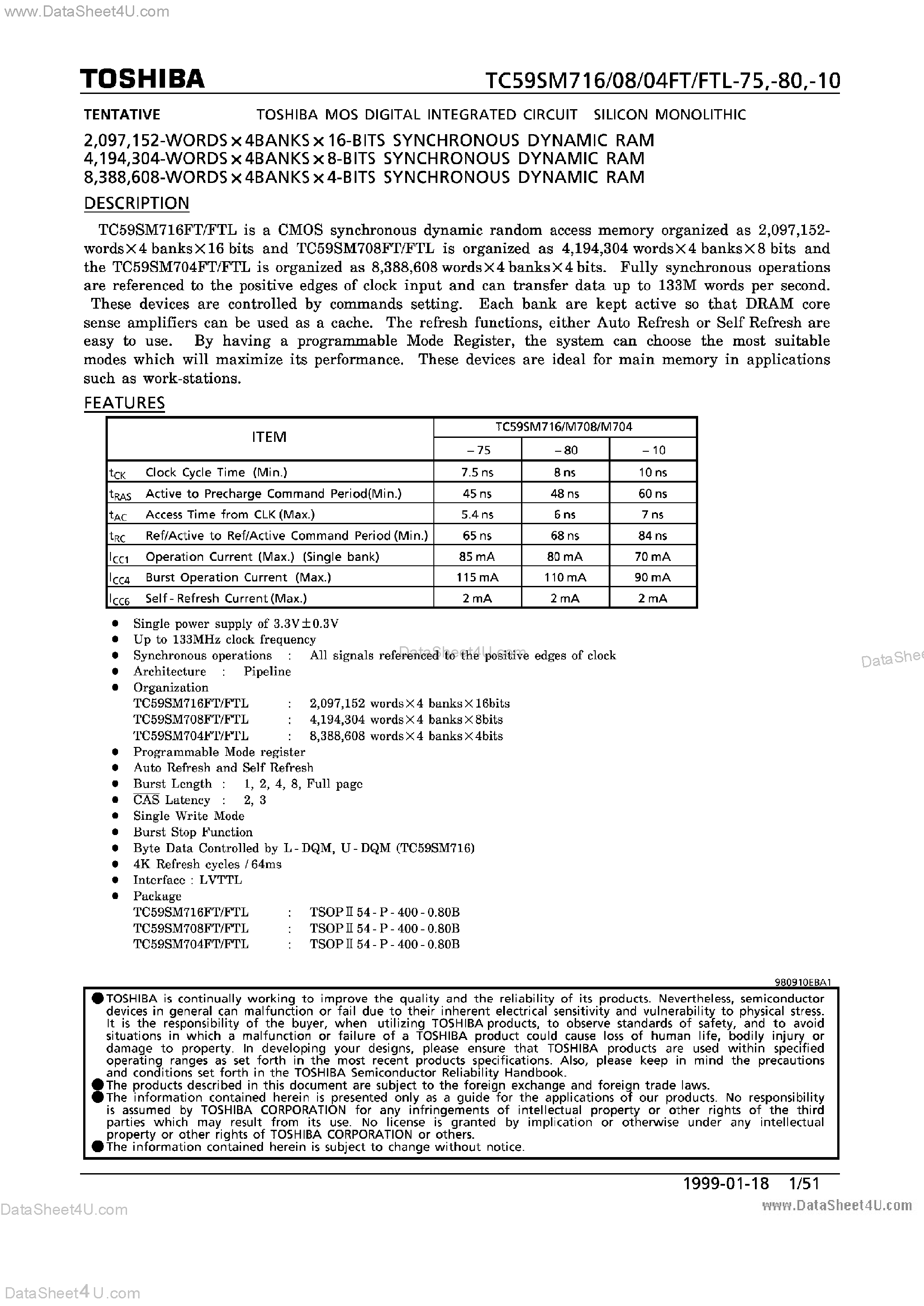 Datasheet TC59SM704FT - (TC59SM704FT - TC59SM716FT) SDRAM page 1