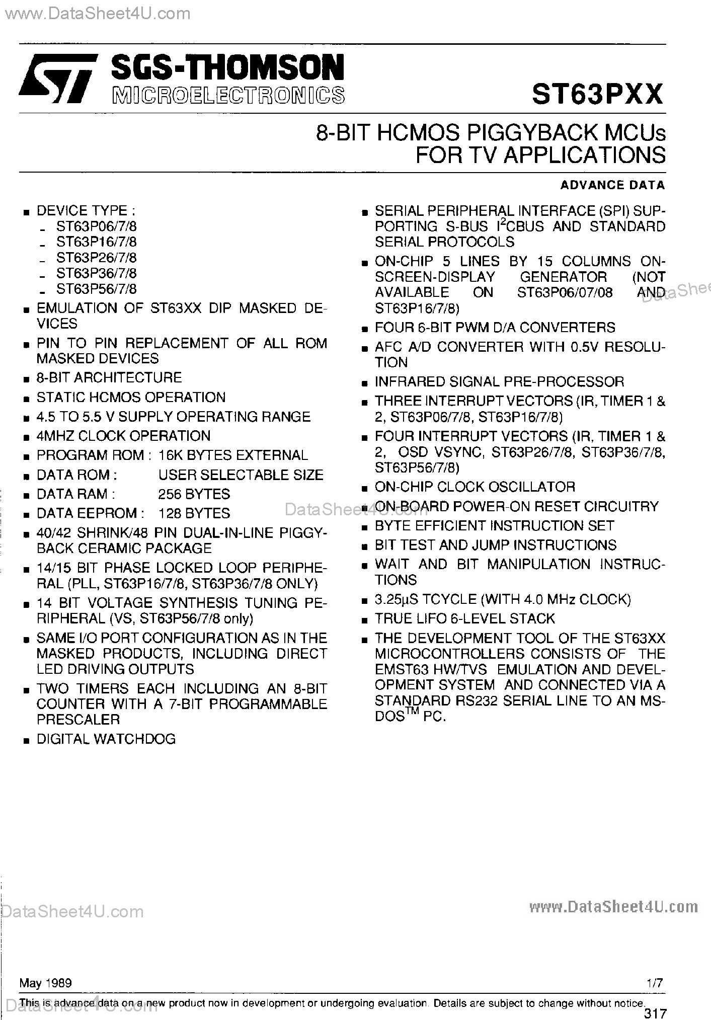 Даташит на микросхему ST6356 страница 1 Даташит ST6356 - (ST63Pxx) 8-BIT HCMOS PIGGYBACK MCUs FOR TV APPLICATIONS страница 1