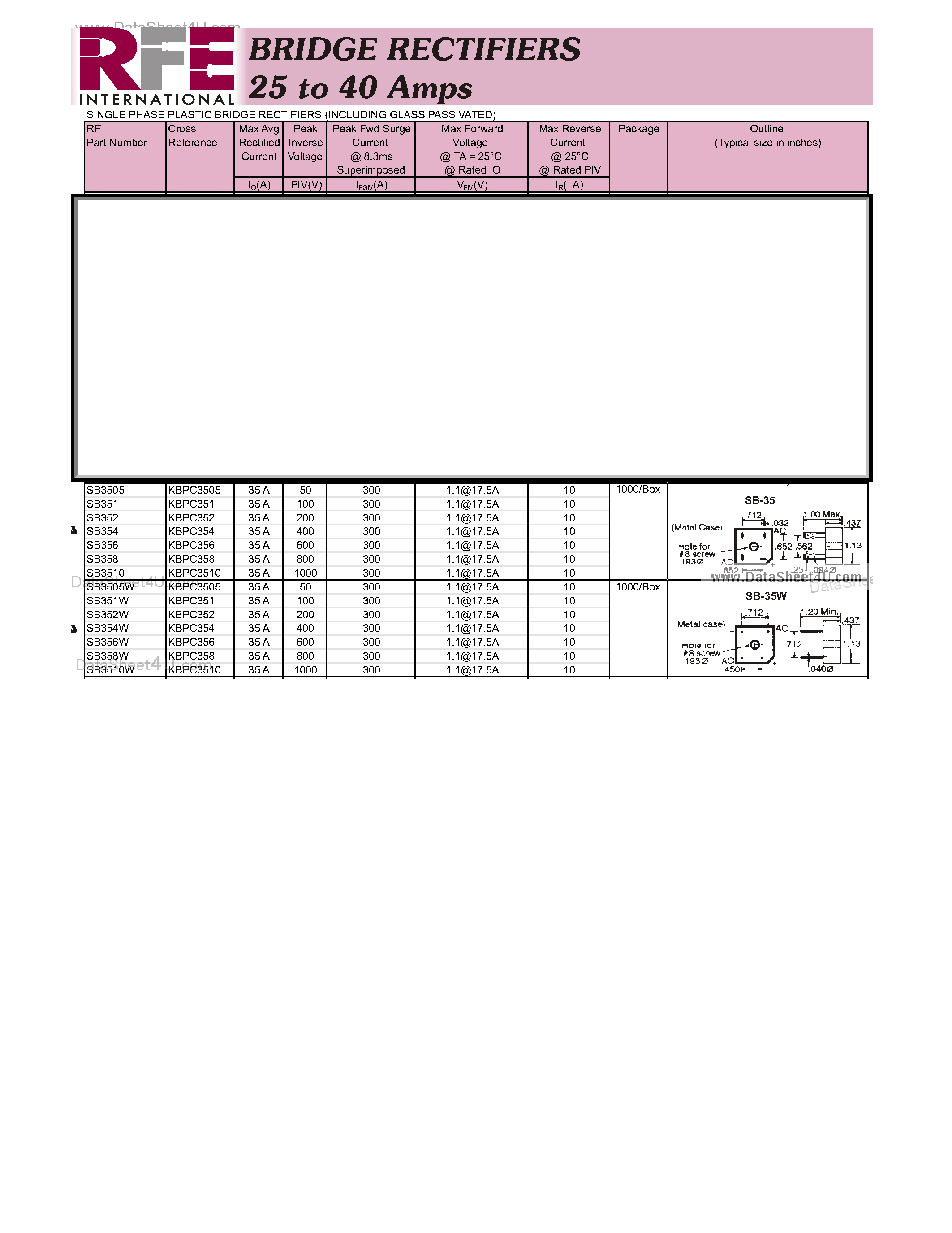 Datasheet KBPC3505 page 1 Datasheet KBPC3505 - (KBPC35xx) Bridge Rectifier page 1