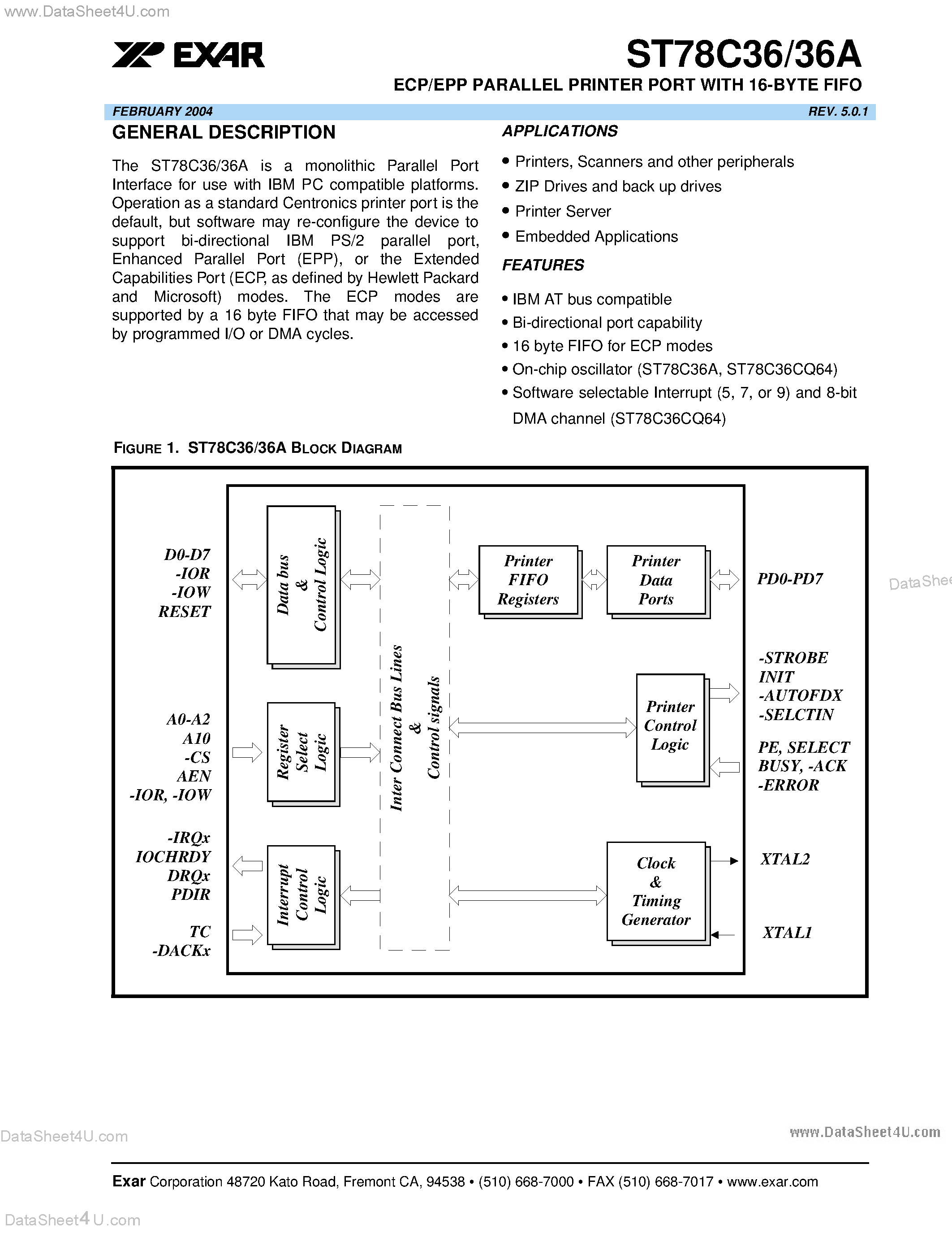 Datasheet ST78C36 page 1 Datasheet ST78C36 - ECP/EPP PARALLEL PRINTER PORT WITH 16-BYTE FIFO page 1