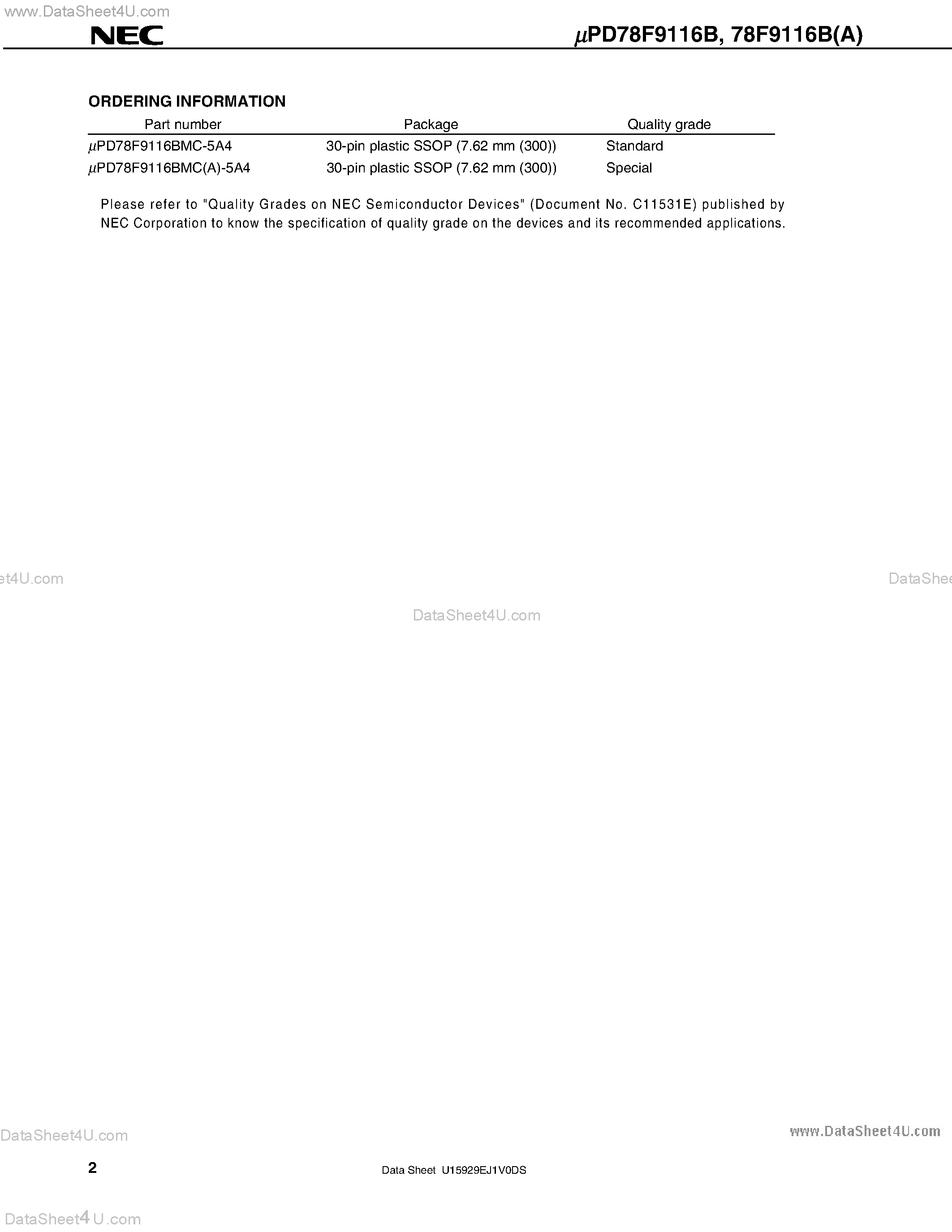 Datasheet UPD78F9116B page 2 Datasheet UPD78F9116B - 8-Bit Single-Chip Microcontroller page 2