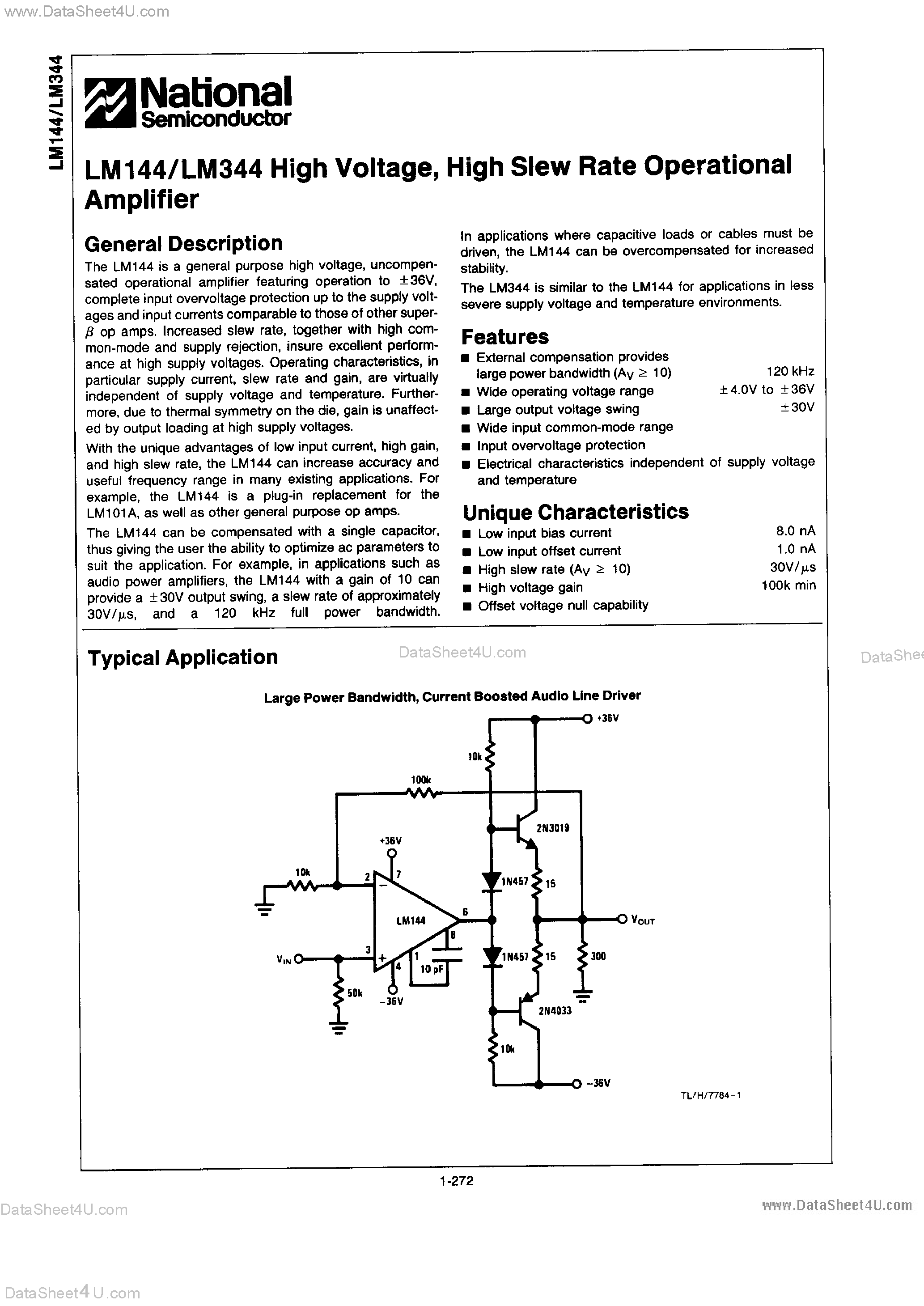 Datasheet LM344 - High Voltage / High Slew Rate Operational Amplifier page 1