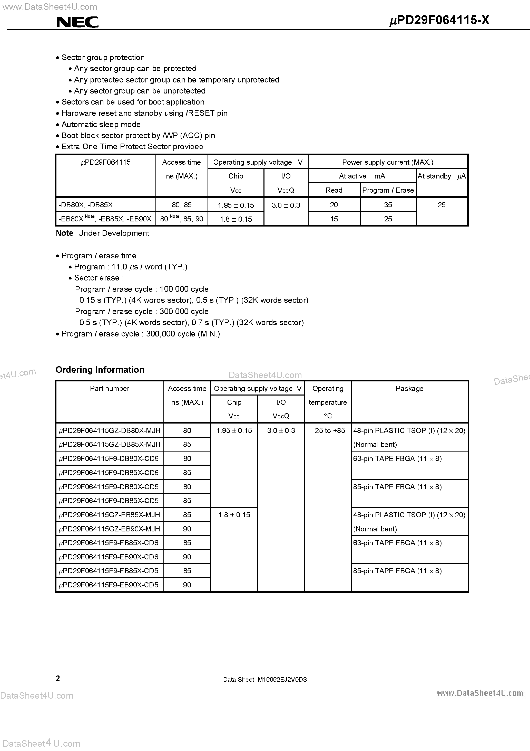 Даташит на микросхему UPD29F064115-X страница 2 Даташит UPD29F064115-X - 64M-BIT CMOS LOW-VOLTAGE DUAL OPERATION FLASH MEMORY 4M-WORD BY 16-BIT (WORD MODE) PAGE MODE страница 2