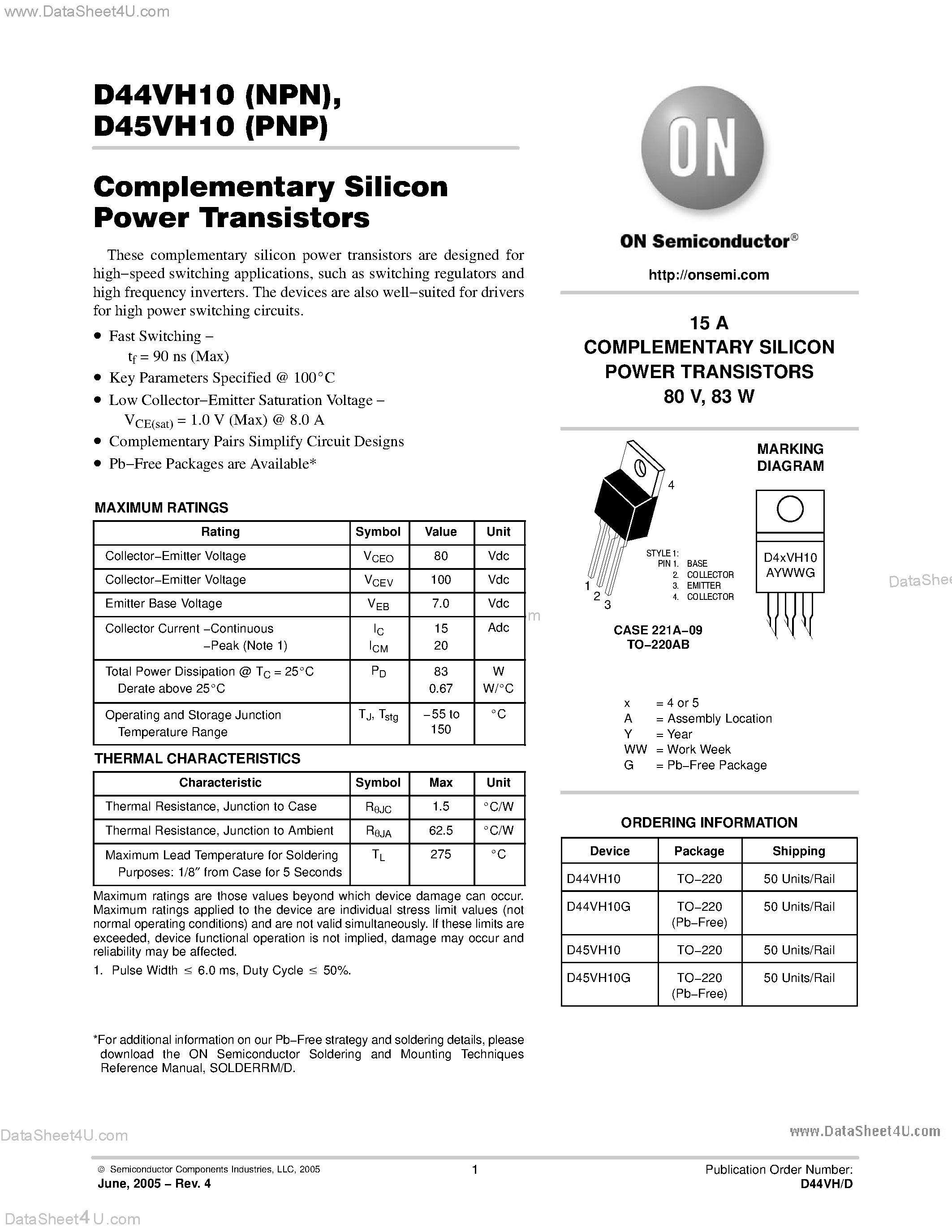 Даташит D44VH10 - Complementary Silicon Power Transistors страница 1