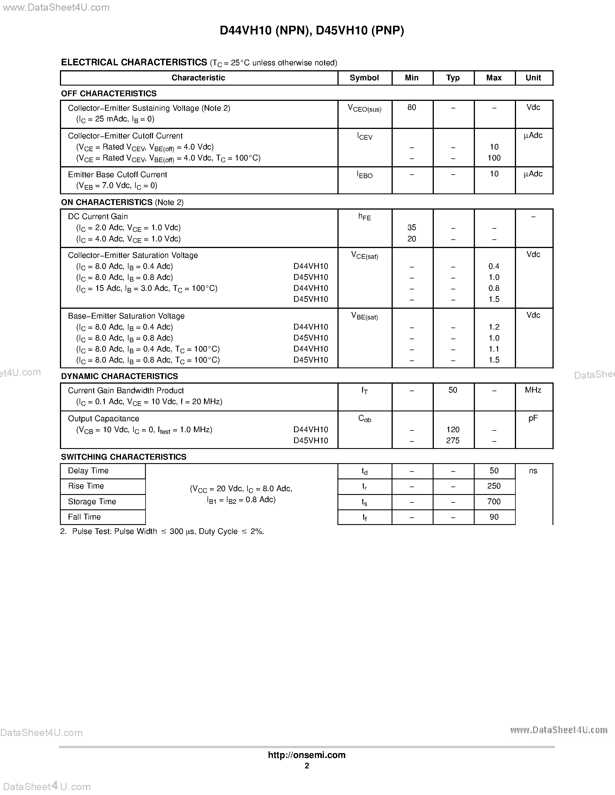 Даташит D44VH10 - Complementary Silicon Power Transistors страница 2