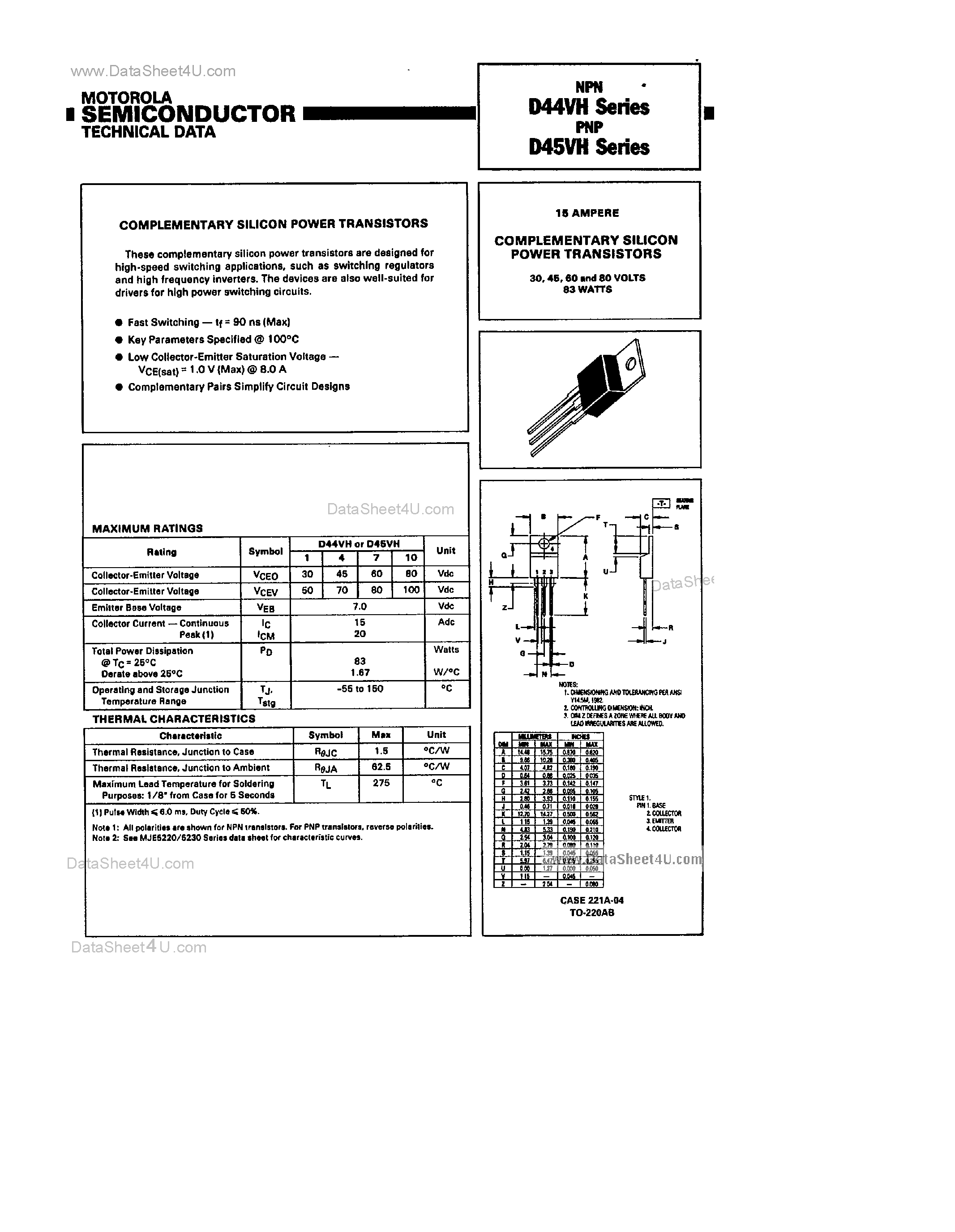 Даташит D45VH1 - (D45VH1 - D45VH10) Complementary Silicon Power Transistors страница 1